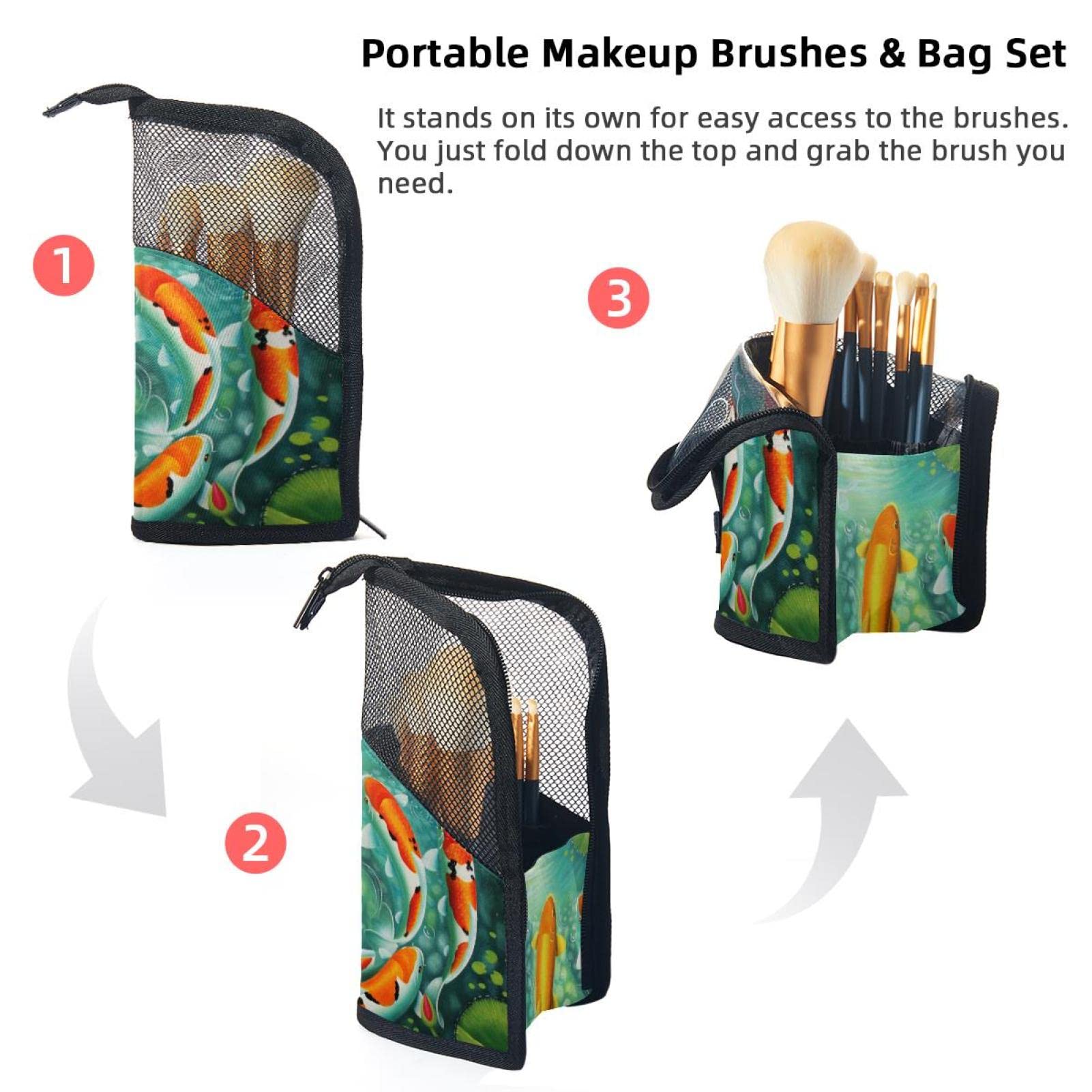 12-Piece Makeup Brush Organizer Bag with Japanese Koi Carp Design - Portable Cosmetic Brush Holder Case for Travel & Home Storage