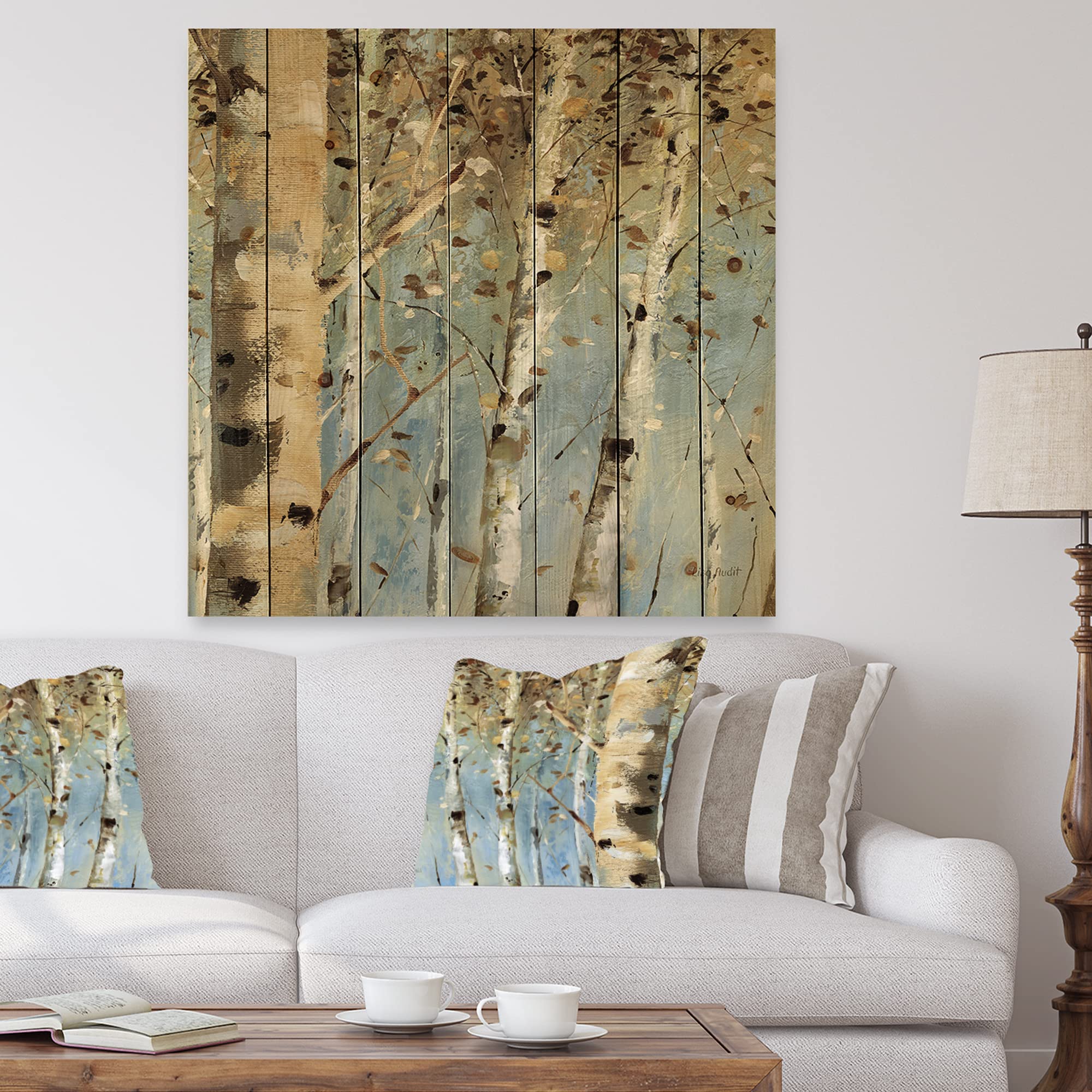DesignQ White Birch Forest Farmhouse Wood Wall Decor - Beige Wood Wall Art with Large Floral Print on Natural Pine Wood Panels - Perfect for Living Room, Bedroom & Home Office Decor
