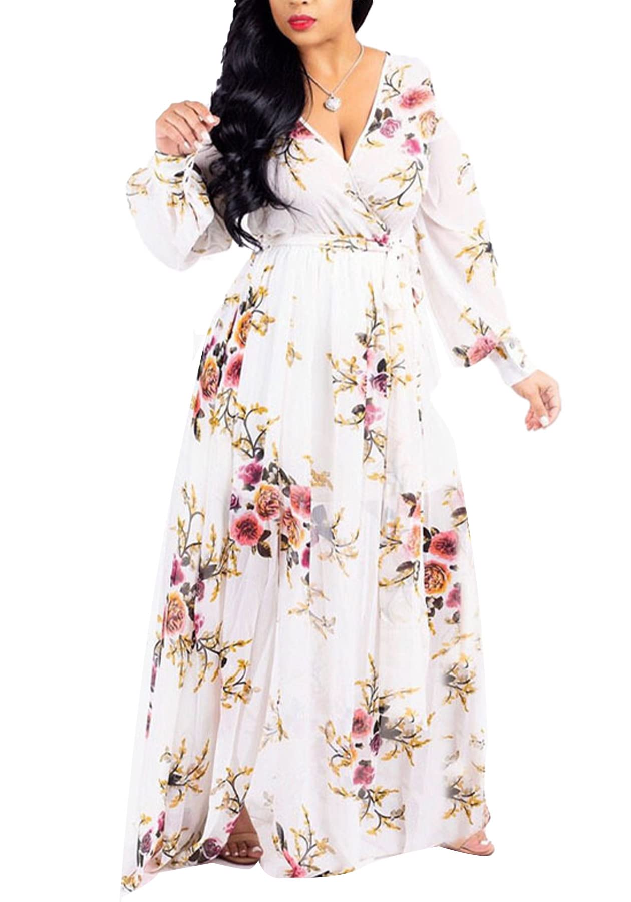 Tbahhir Women's Summer Off Shoulder Floral Print Long Dress - Plus Size Boho Beach Dress for Vacation, Party & Casual Wear