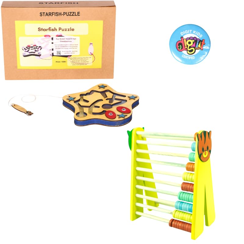 Technybirds Wooden Starfish Maze Puzzle, Abacus & Badge Set | Montessori Educational Toys for Kids | Develop Counting, Problem-Solving & Fine Motor Skills | Perfect for Classroom Learning & Homeschool Activities