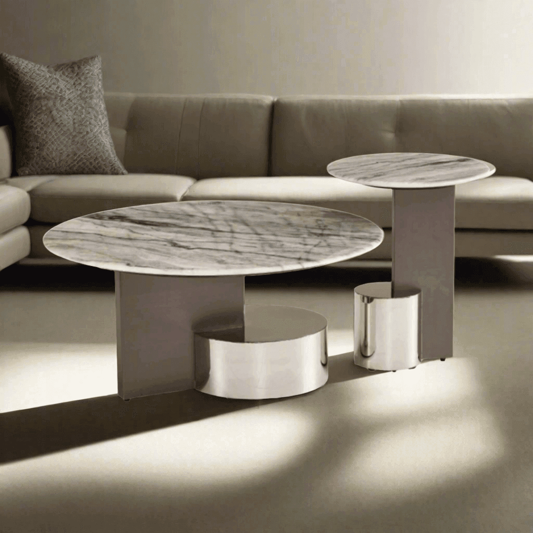 Drusilla Cultured Marble Nesting Coffee Table Set - Modern Side Table for Living Room, Bedroom & Office - White Marble Finish Nesting Tables with Sturdy Metal Base
