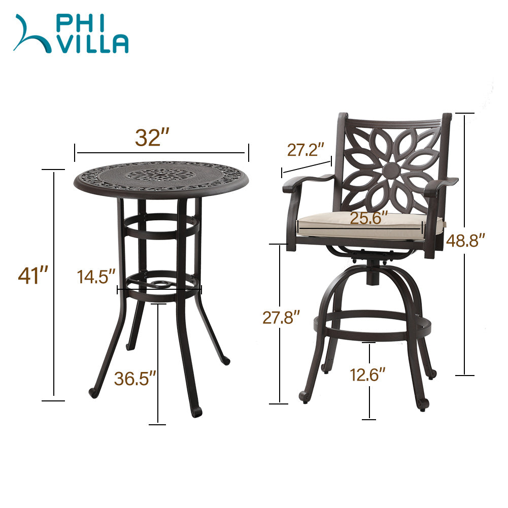 MFSTUDIO Heavy Duty Cast Aluminum Swivel Bar Stools for Outdoor Pub & Patio - Adjustable Height Bistro Stools for Backyard, Deck, Garden & Poolside Dining
