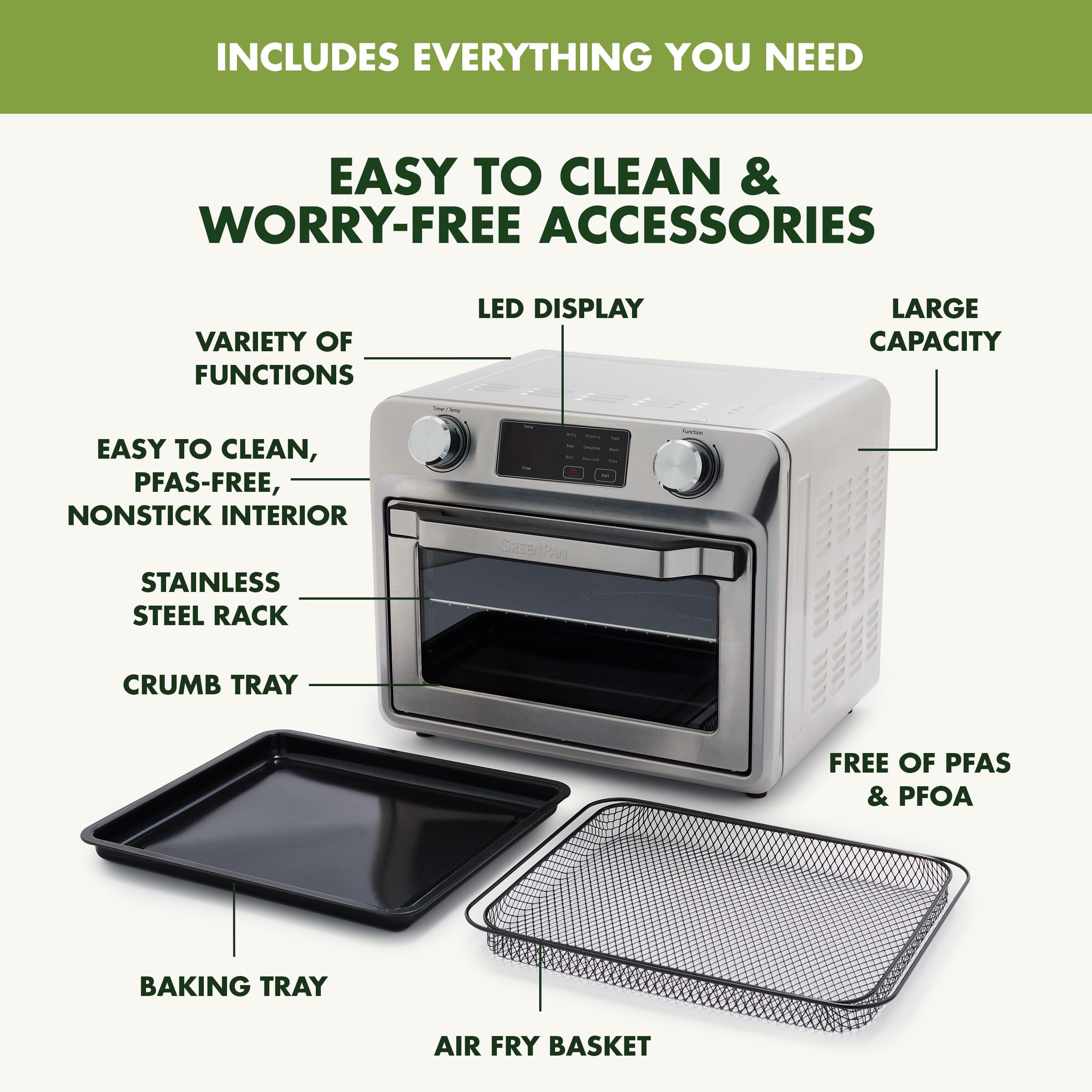 GreenPan Bistro 9-in-1 Stainless Steel Air Fryer Oven with Nonstick Baking Pan, Rack & Basket - Fast Heating, Multiple Presets, Cool-Touch Handle, PFAS-Free, Easy Clean Crumb Tray - Perfect for Baking, Roasting & Air Frying at Home
