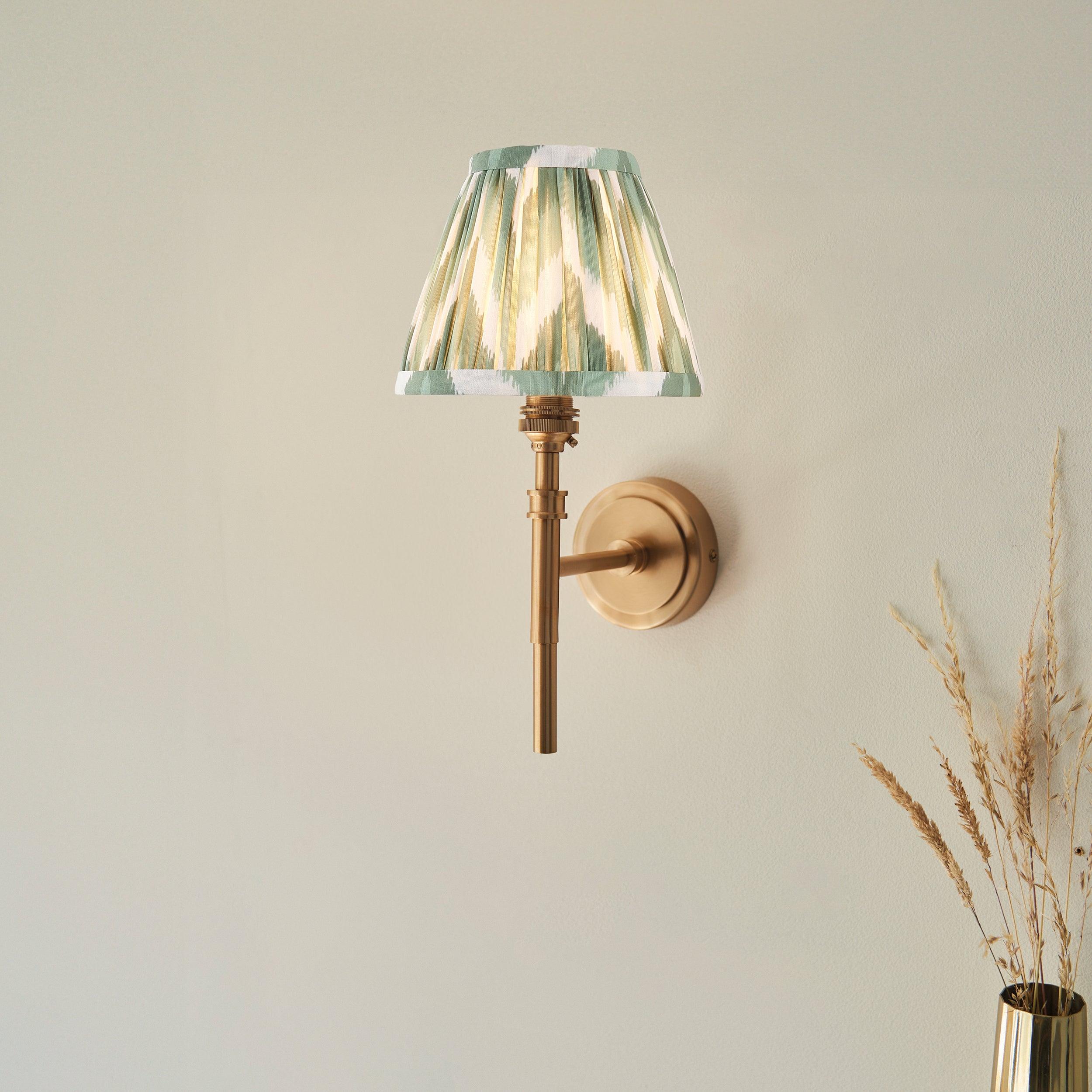 Chester Brass Wall Light with Green Zigzag 16cm Shade - Elegant Vintage Sconce for Bedroom, Hallway & Living Room Lighting