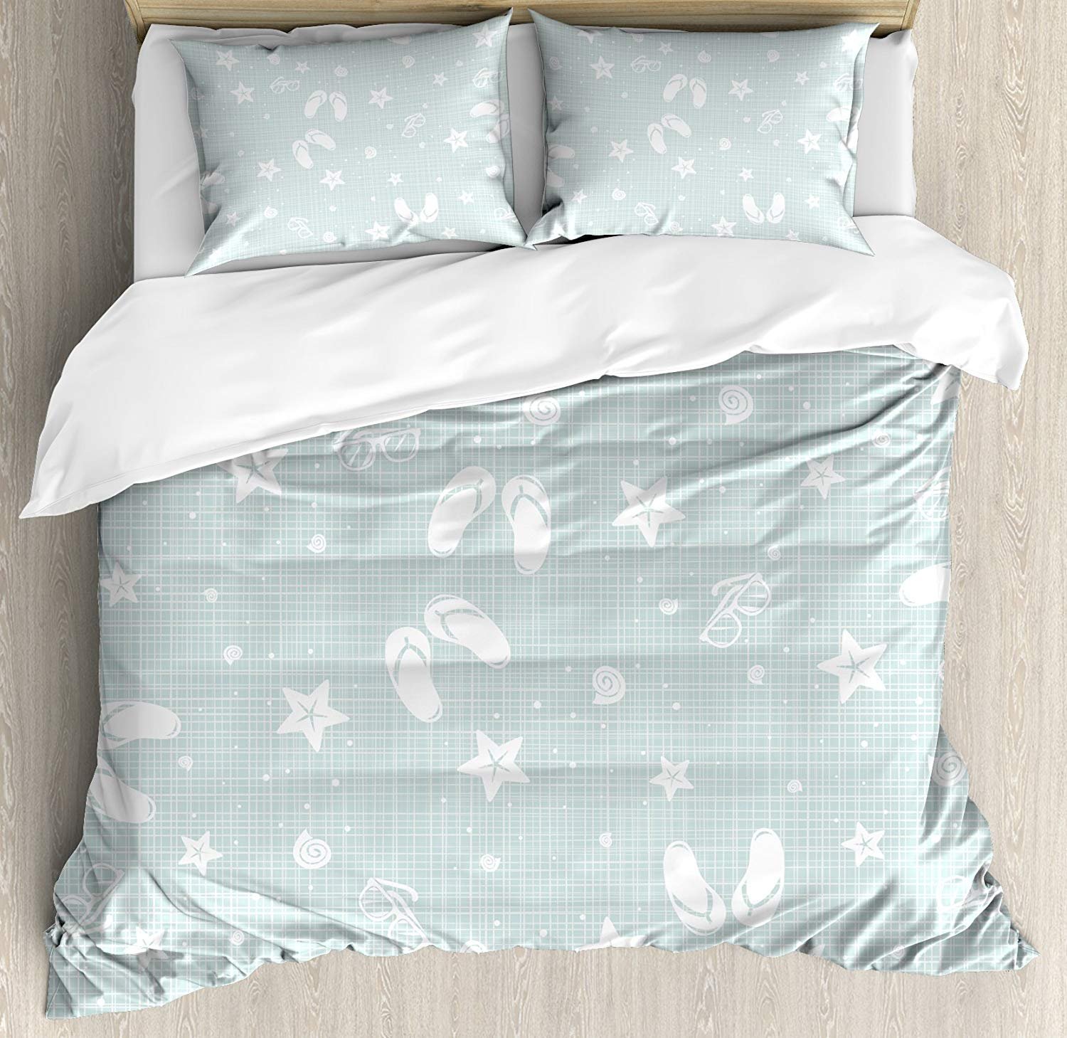 Aqua Quilt 3-Piece Duvet Cover Set - Beach Theme with Sea Shells, Starfish & Flip Flops Design - Twin Size Seafoam & White - Perfect for Kids, Teens & Adults Bedrooms - Summer Holiday Decor & Coastal Home Styling