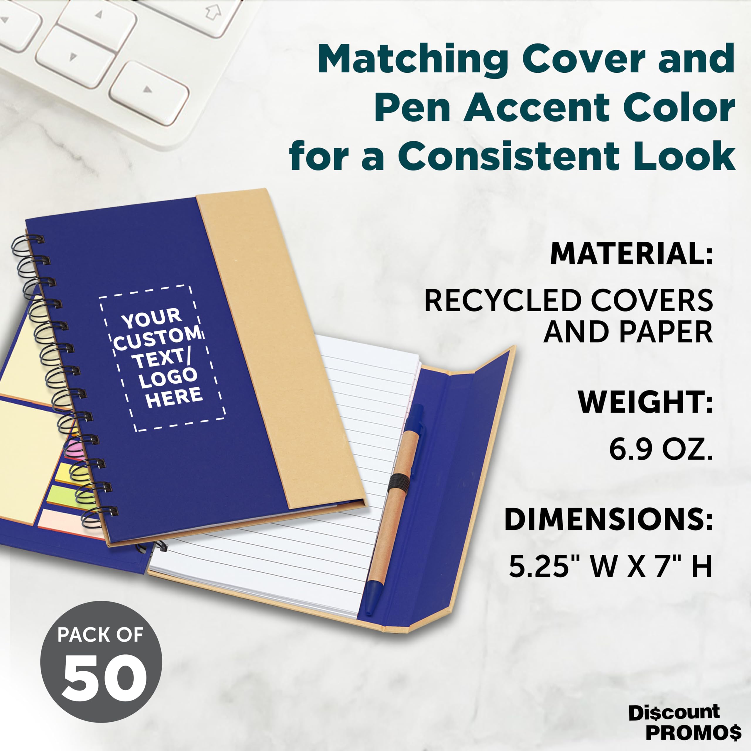 Custom Eco-Friendly Spiral Notebooks with Pens - Set of 50 Personalized Bulk Pack for School, Office & Home - Blue | Ideal for Students, Professionals & Gifts
