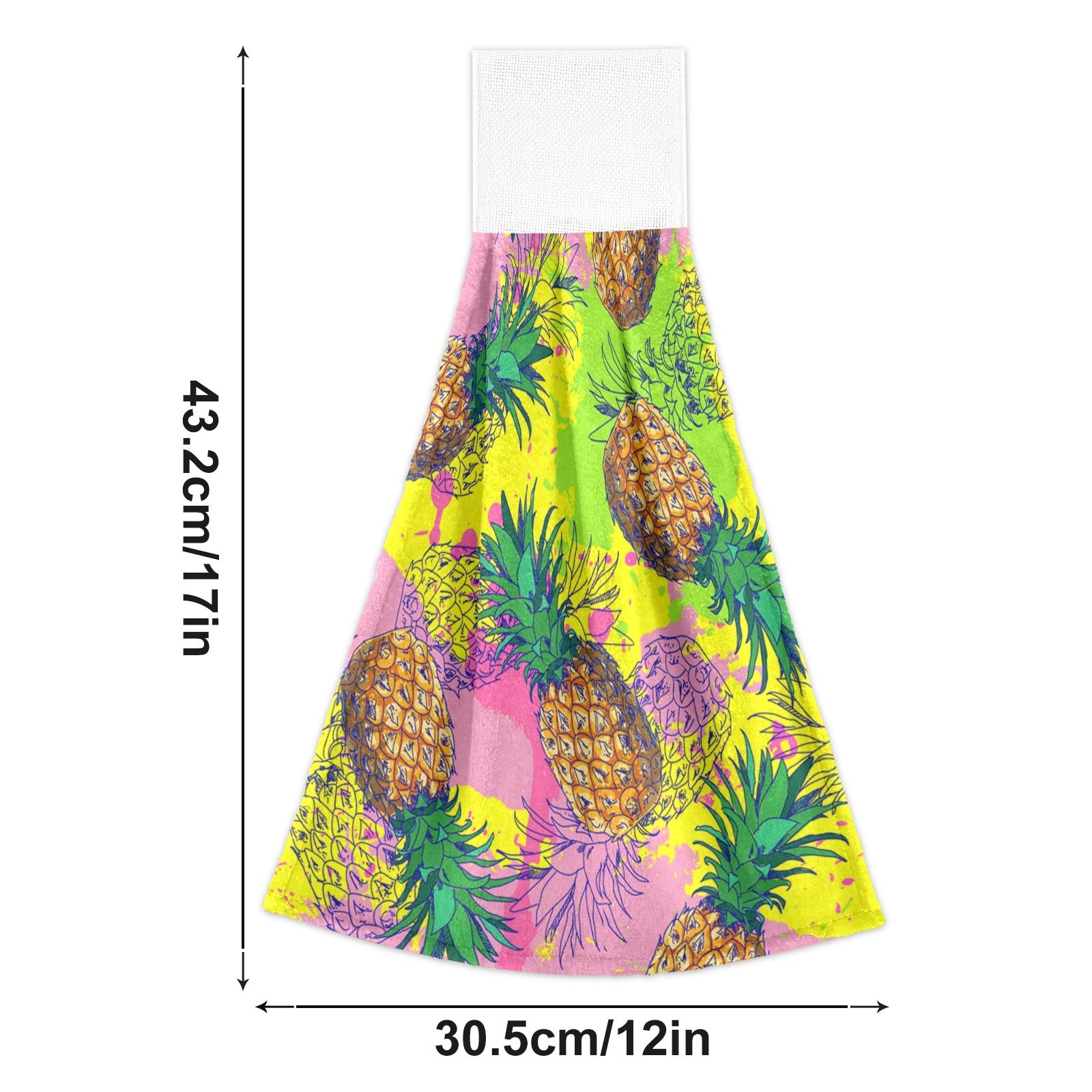 Set of 2 Pineapple Print Hanging Hand Towels - Soft Microfiber Kitchen Towels with Loops, Absorbent Dish Cloths & Fingertip Towels for Bathroom, Stove - Tropical Fruit Themed Home Decor for Summer Kitchen & Beach House