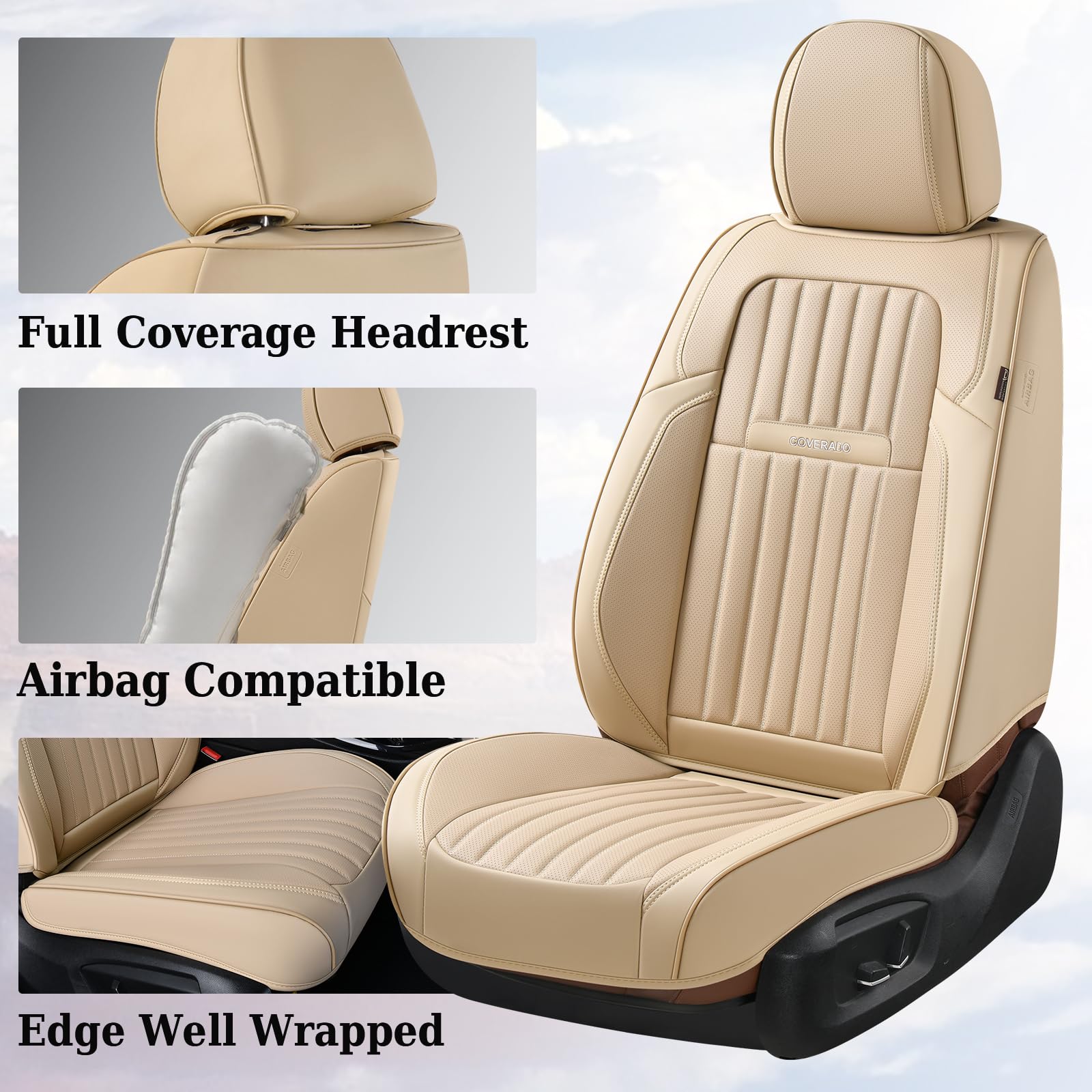 Premium Nappa Leather Car Seat Covers - Waterproof Front & Back Seat Protectors for Cars & Trucks (5-Seat Set, Beige) | Universal Fit for Most Vehicles | Perfect for Daily Commute, Road Trips & Pet Protection