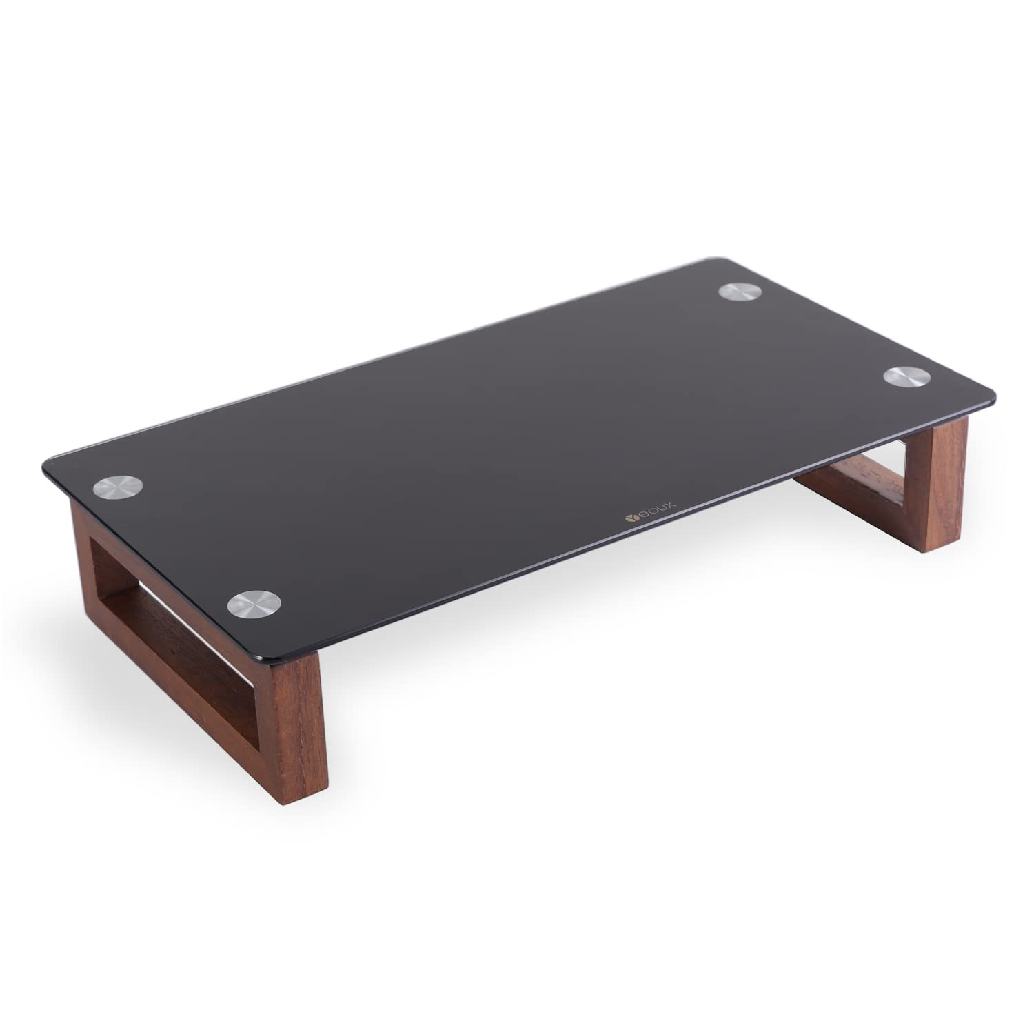 Black Glass Monitor Stand with Wooden Base - Riser for LCD, LED TV, Laptop & Printer - Modern Desktop Organizer for Office & Home Workspace - Perfect for Computer Setup, Gaming Station & Home Office Organization