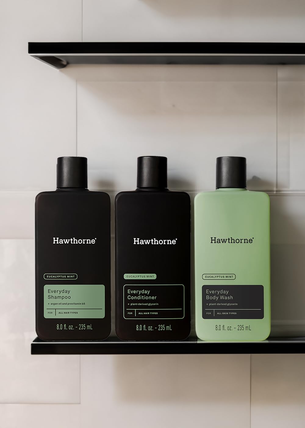 Hawthorne Everyday Shower Starter Set - Natural Eucalyptus Mint Shampoo, Conditioner & Body Wash (8 Fl Oz Each) for Daily Freshness | Hydrating Hair & Skin Care Routine | Perfect for Home, Gym & Travel Use