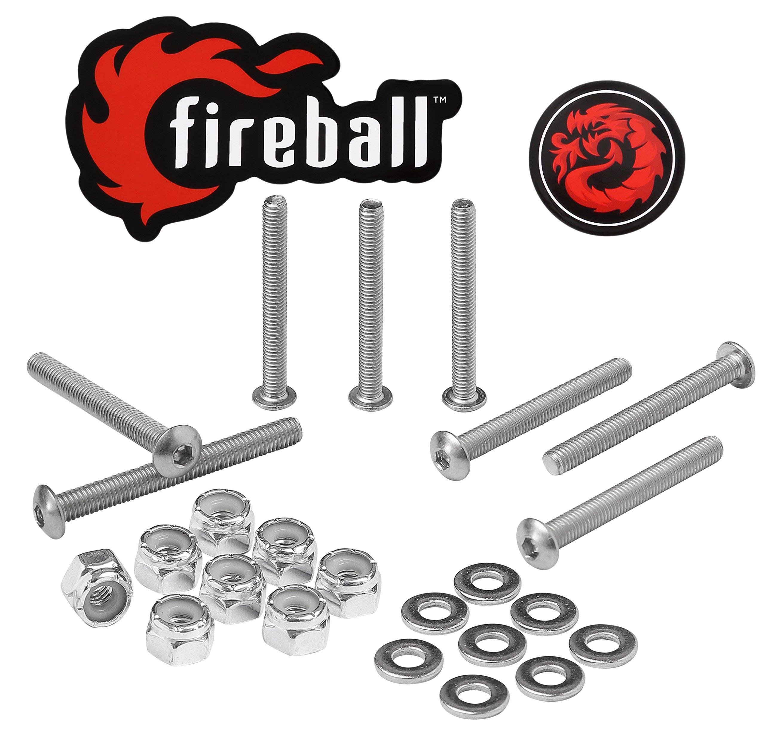 Fireball Dragon Skateboard Hardware Kit - 8 Stainless Steel Mounting Screws & Nuts Set for Longboard, Cruiser & Skateboard - Ultra Strong Bolts for Lasting Performance - Perfect for Street Skating, Downhill & Commuting