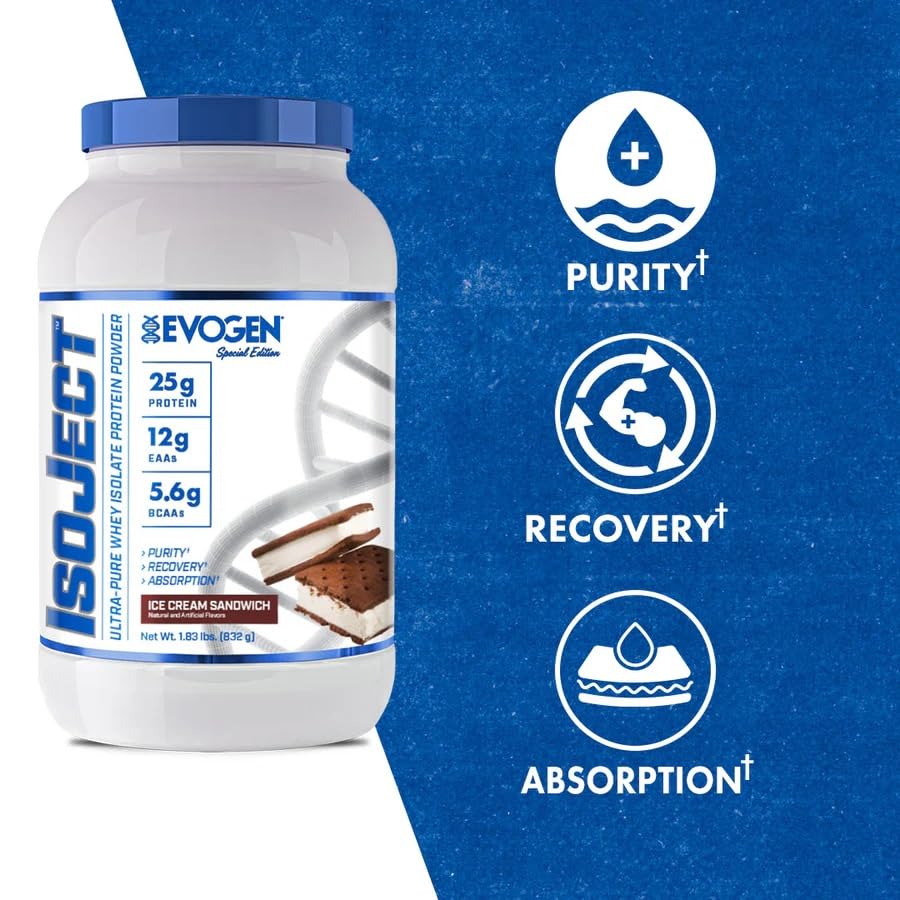 Evogen IsoJect Whey Protein Powder - Ice Cream Sandwich Flavor 832g (1.83 lb) for Muscle Recovery & Post-Workout Nutrition | Gym Supplements & Bodybuilding Essentials