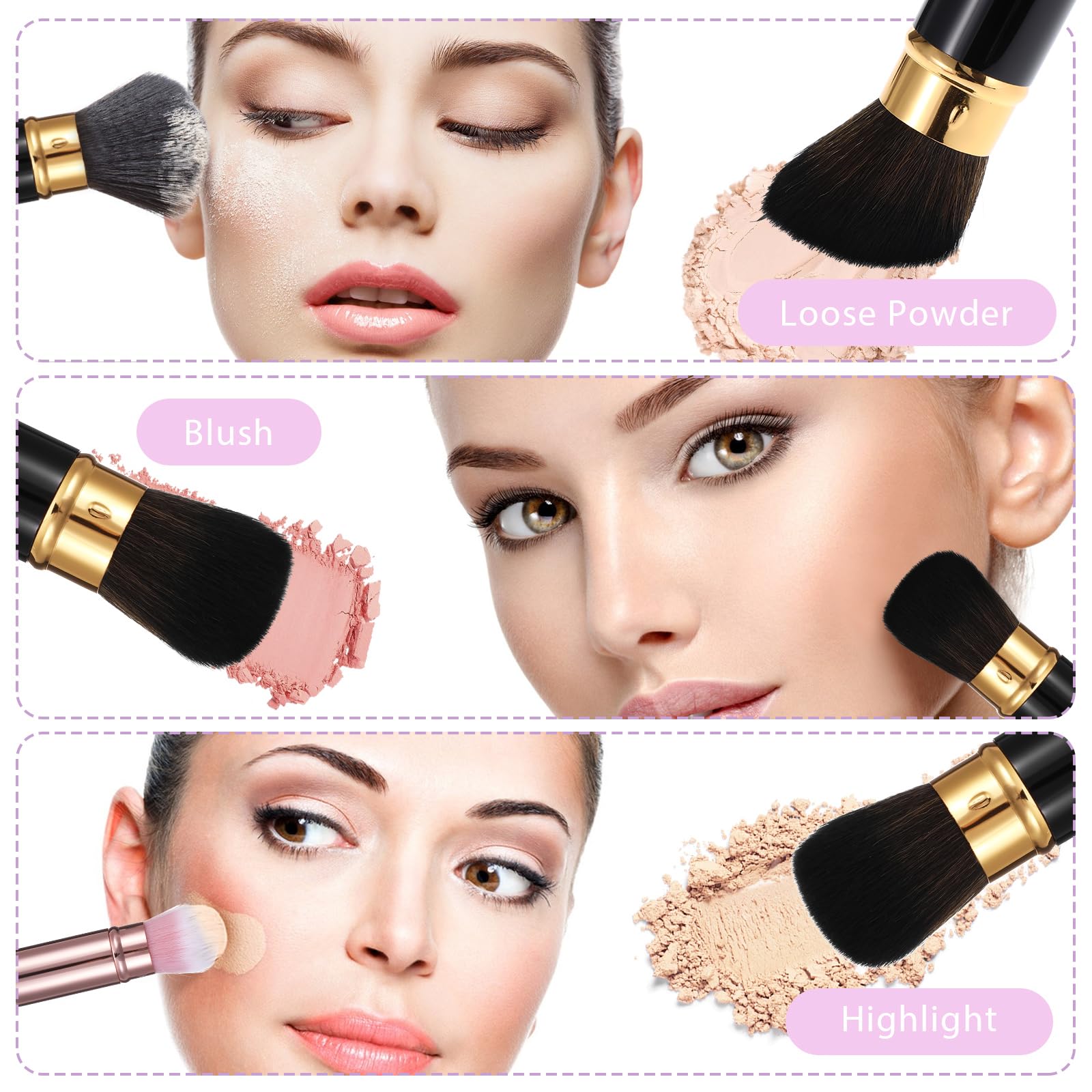 Retractable Travel Makeup Brushes Set for Women - Foundation & Blush - Gold & Black - Perfect for On-the-Go Beauty