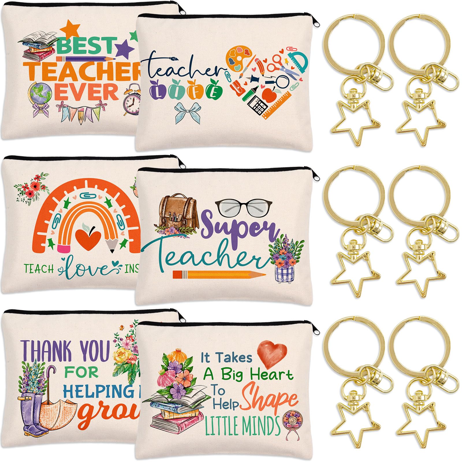 WorldBazaar 6-Piece Teacher Appreciation Gift Set - Makeup Bags, Blessing Cards & Keychains - Perfect for Teacher's Day, Week & End of Year - Great for Cosmetics, Jewelry & Small Essentials