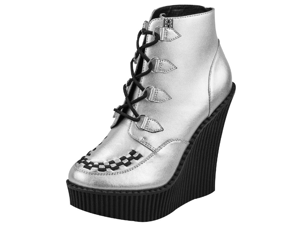 T.U.K Silver Creeper Bootie Wedge Platform Shoes - Punk Rock Gothic Ankle Boots for Women | Perfect for Concerts, Night Out & Alternative Fashion