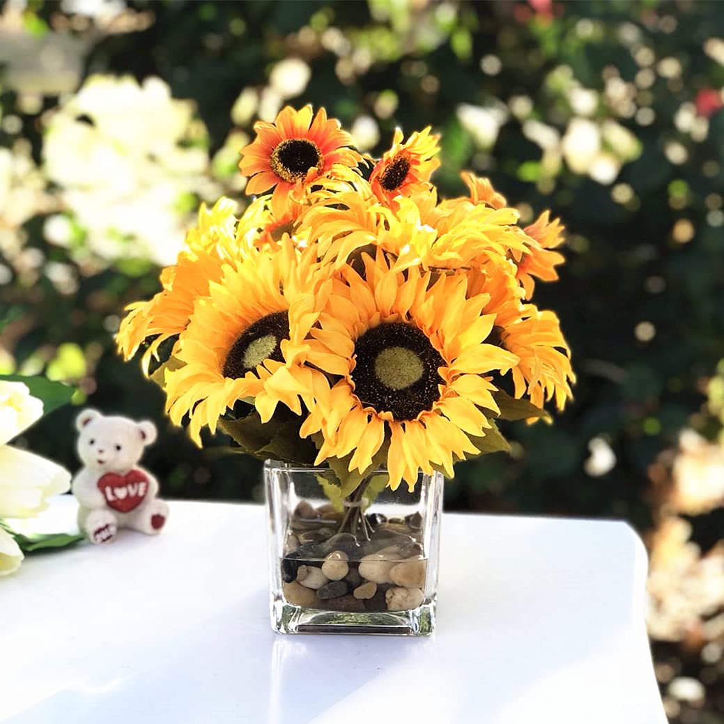 ENOVA HOME Mixed Sunflower Arrangement in Cube Glass Vase with River Rock & Faux Water - Yellow Orange Artificial Flowers for Home, Office, Wedding & Table Decor