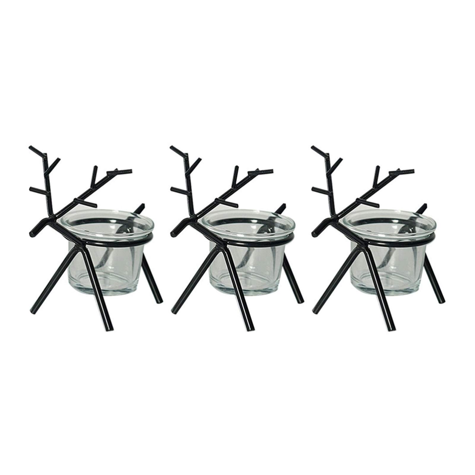 3-Piece Iron Art Reindeer Tea Light Candle Holders with Transparent Cup - Christmas Table Decor, Holiday Centerpiece, Festive Candle Stand (Black/Gold, 5.1x3.9 Inches) - Perfect for Christmas Parties, Winter Weddings & Cozy Home Decor