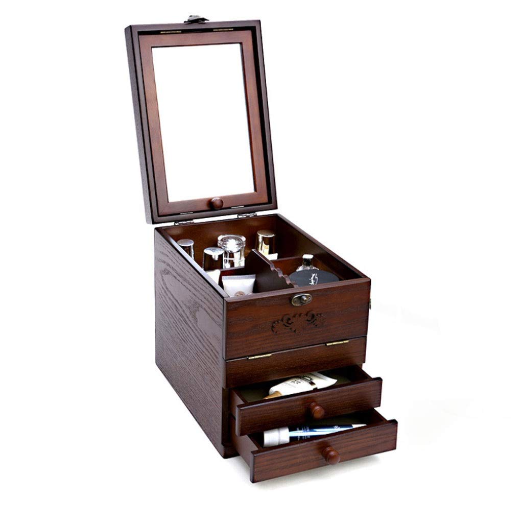 Qin Wooden Makeup Organizer with Lid and Mirror - Cosmetic Storage Box for Desk, Vanity, Bathroom & Closet - Perfect for Home, Office, Bedroom & Travel Beauty Essentials