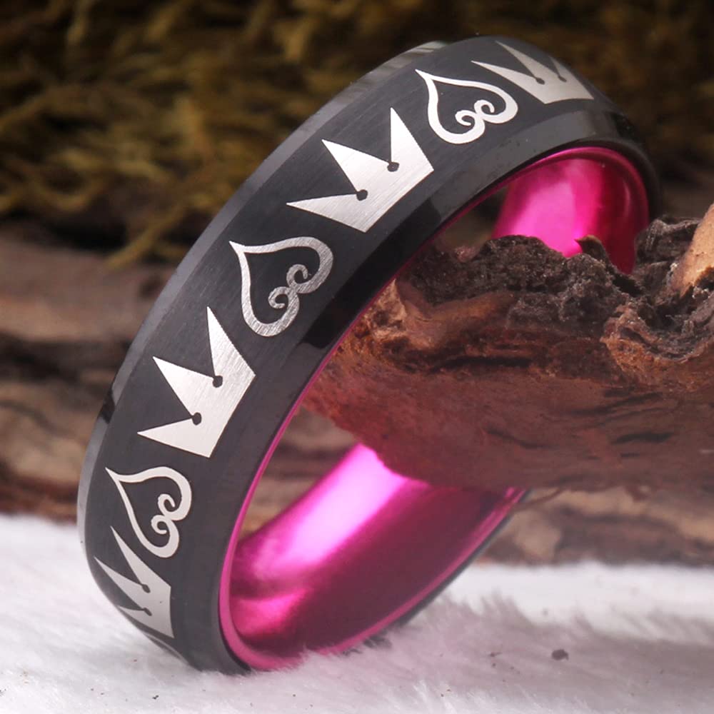 Kingdom Hearts & Crowns Design Cosplay Ring - 8mm Matte Red & Black Tungsten Wedding Band with Beveled Edges - Free Custom Engraving - Perfect for Cosplay, Halloween, Anime Conventions & Gothic Weddings