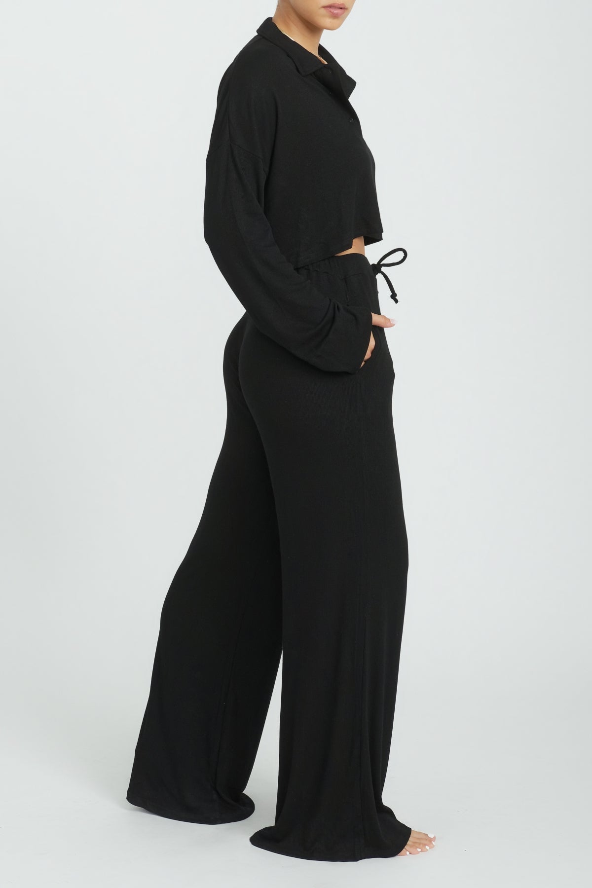 Rory Wide Leg Pants for Women - High Waist Flowy Trousers with Elastic Waistband | Jet Black | Casual Office Wear & Weekend Outfits