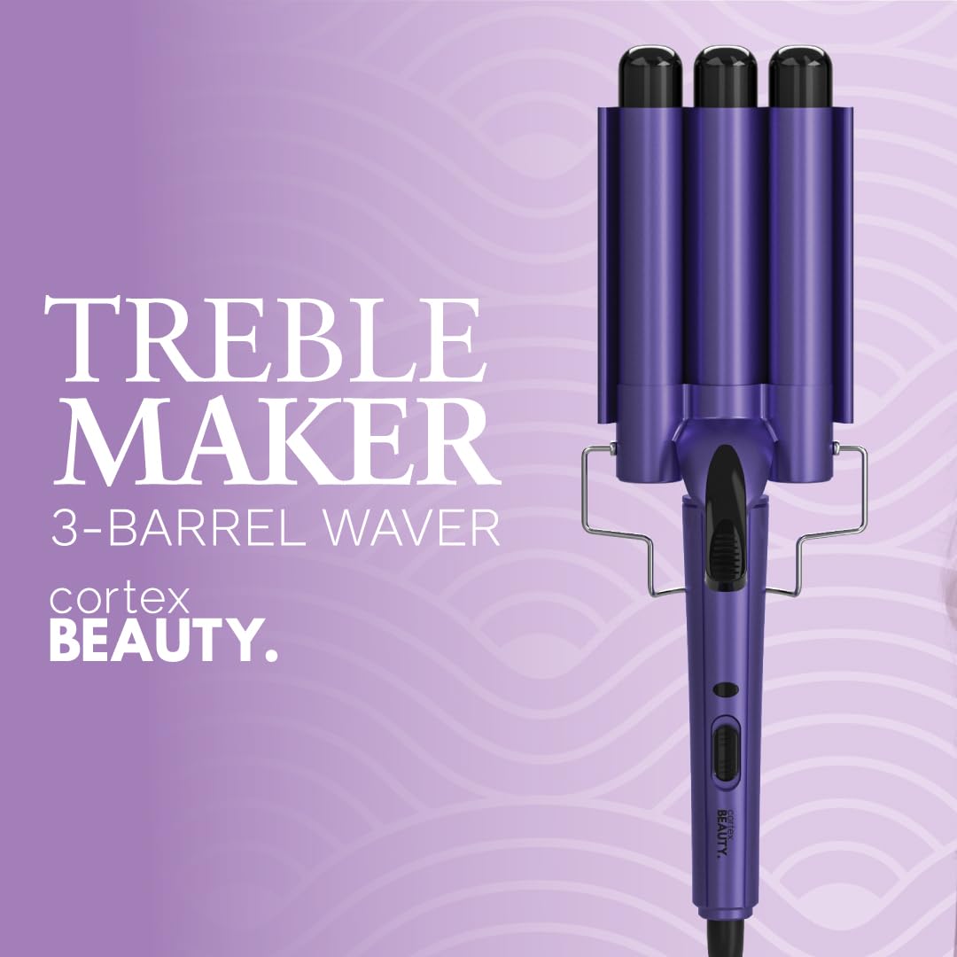 Cortex Beauty 3-Barrel Waver Hair Curler - Purple Professional Hair Styling Iron for Beach Waves & Loose Curls | Perfect for Daily Styling, Parties & Special Occasions