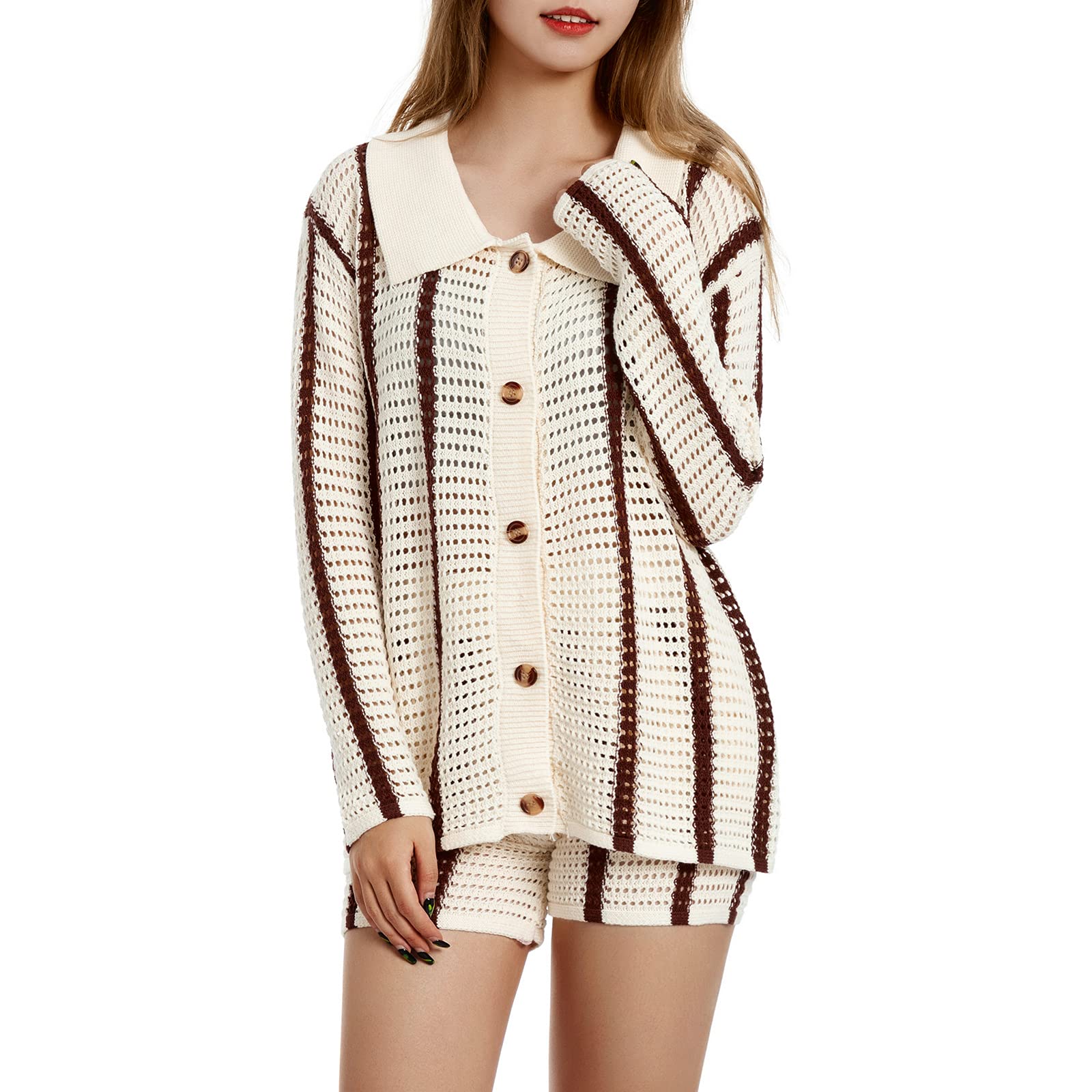 2Pcs Women's Striped Knitted Shorts Set - Loose Long Sleeve Cardigan & Shorts Outfit for Spring Summer | Casual Beach Wear, Vacation Outfit, Lounge Set