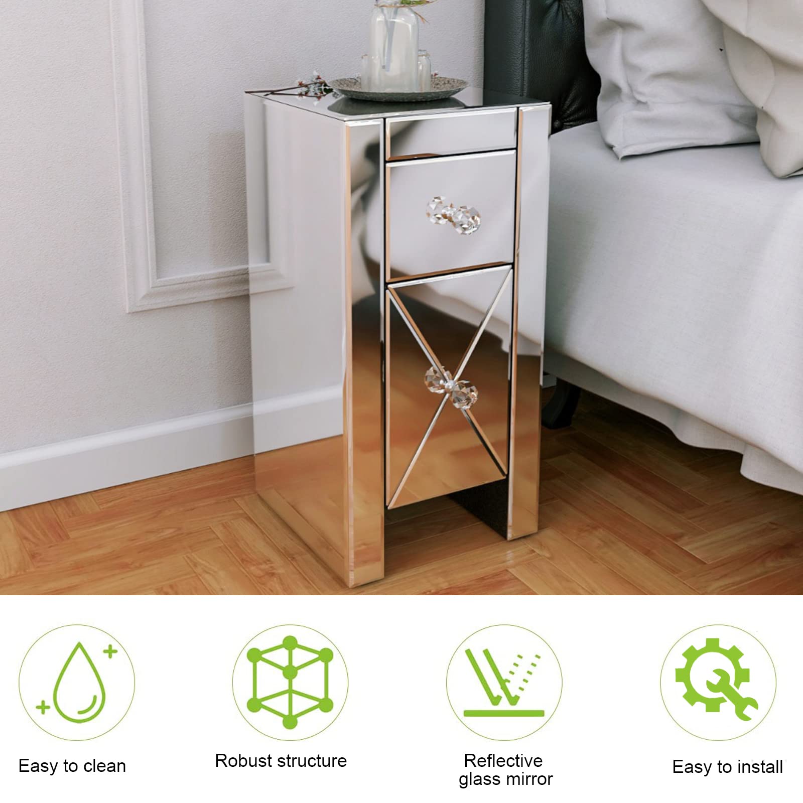 Silver Glass Mirrored Nightstand with 2 Drawers - Modern Bedside Table with Storage for Bedroom & Living Room | Perfect for Small Spaces, Apartment Decor & Guest Rooms