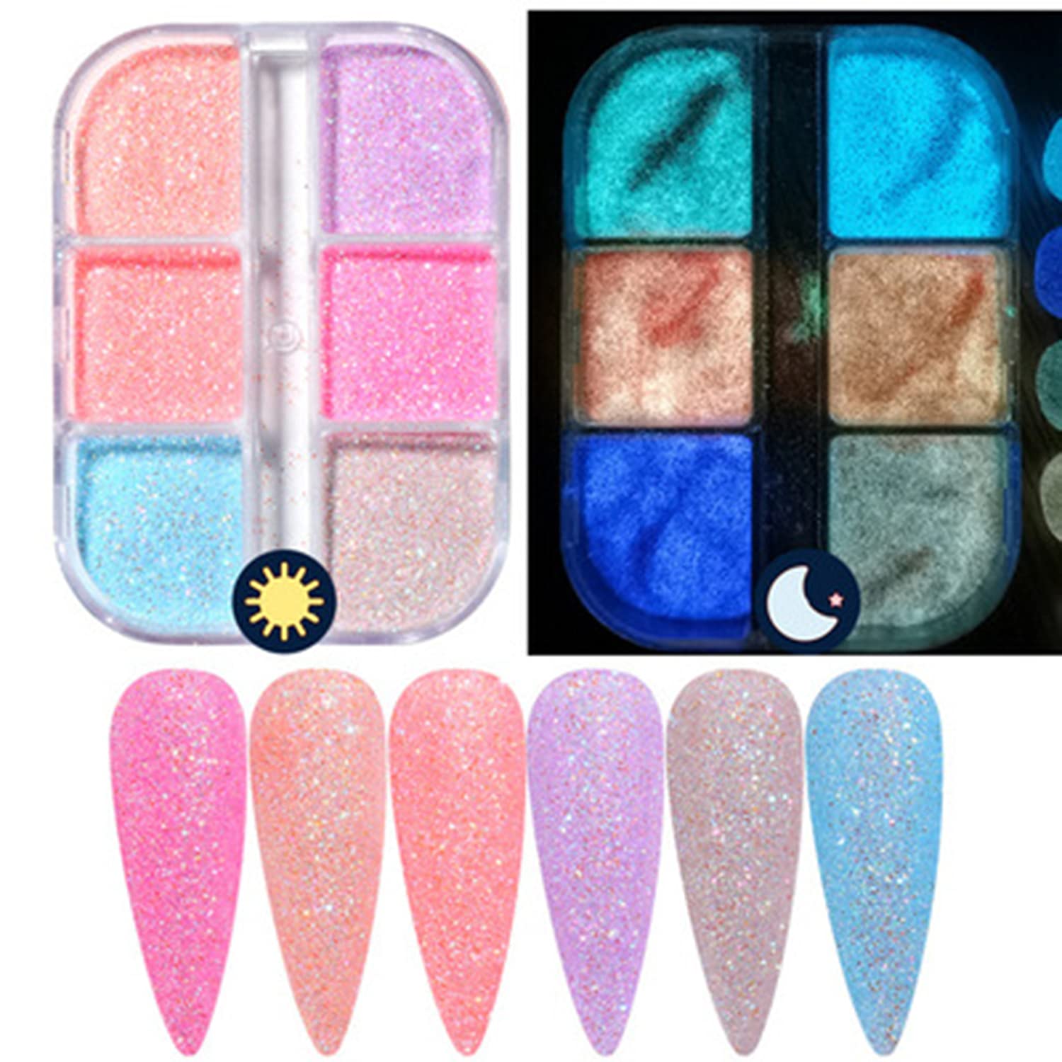Glow in the Dark Nail Powder - 6 Color Fluorescent Holographic Nail Glitter for Gel Polish, DIY Nail Art Designs, 3D Nail Decoration - Perfect for Night Parties, Rave Events & UV Nail Salon Looks