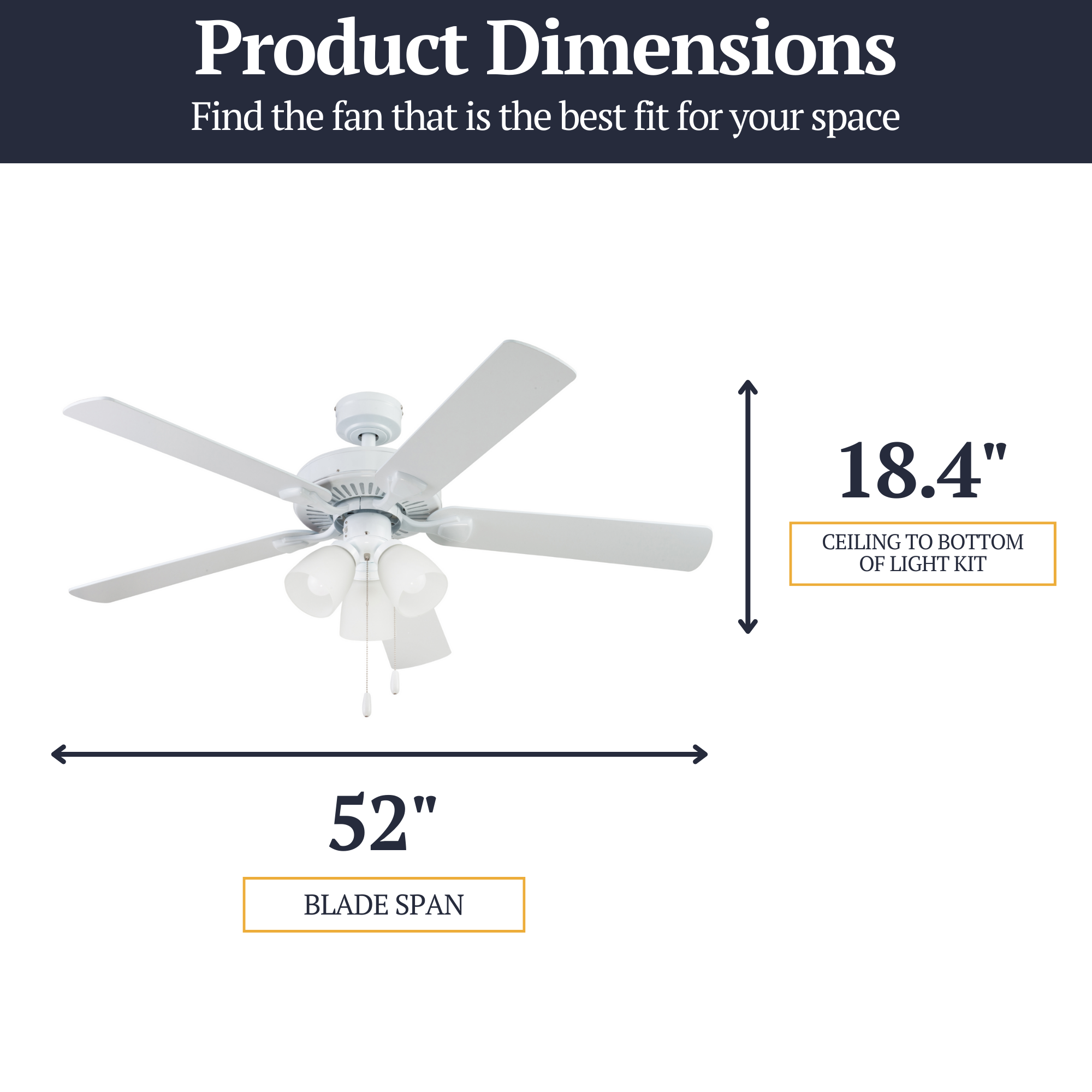 52 Inch White Stannor Ceiling Fan with Pull Chain - Perfect for Living Room, Bedroom, and Outdoor Covered Patios