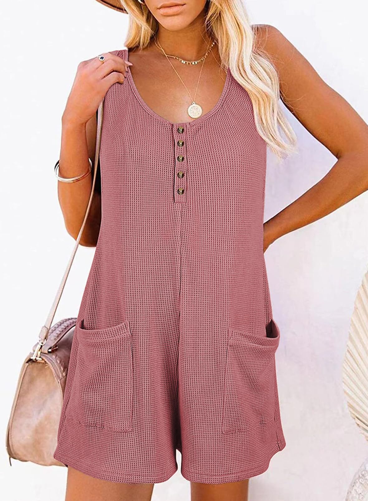 AlvaQ Women's Short Jumpsuit - Solid Color Summer Casual Romper with Waffle Button Front, Sleeveless & Pockets | Perfect for Beach Outings, Vacations, and Casual Daywear