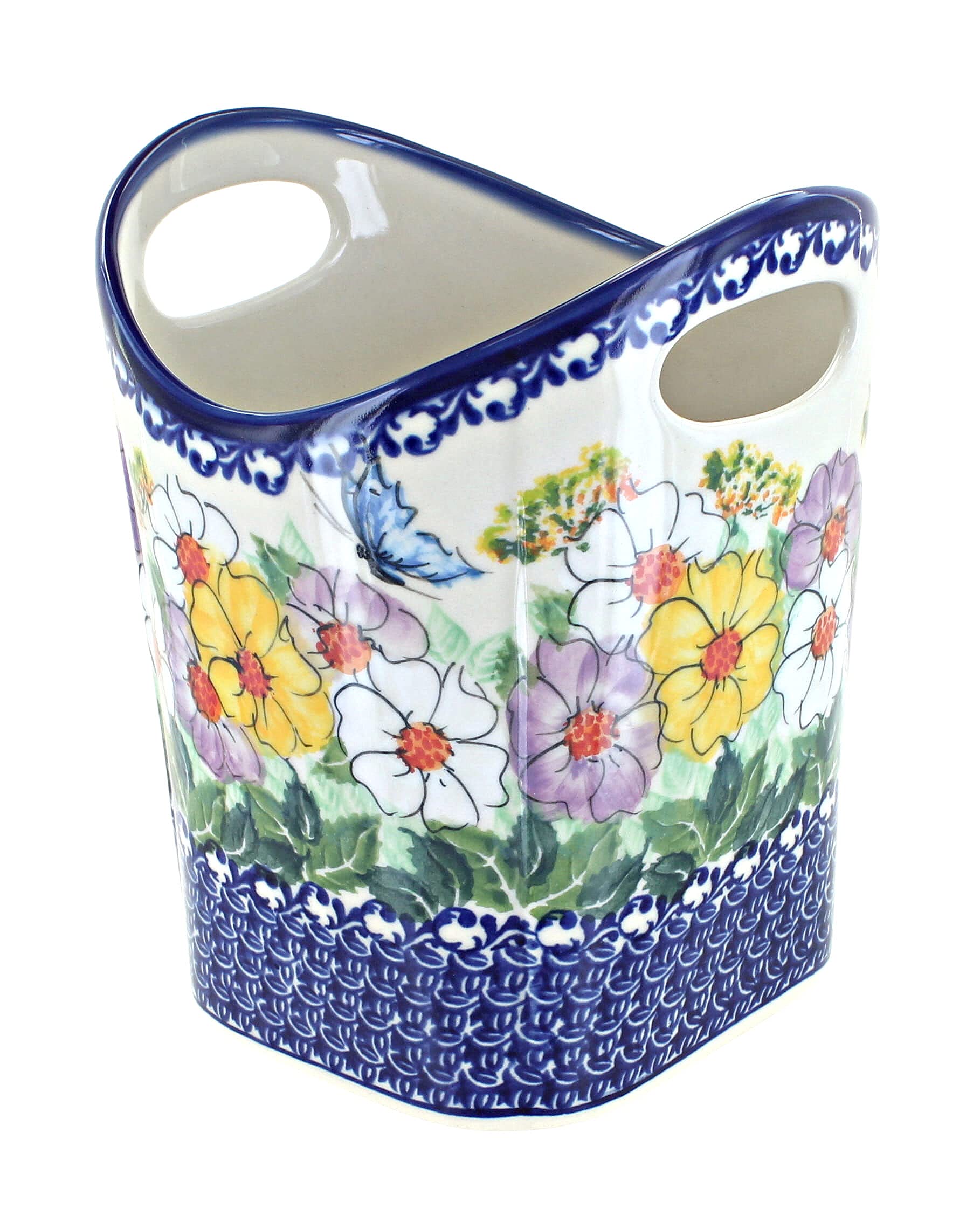 Blue Rose Polish Pottery Pastel Garden Utensil Jar - Handmade Ceramic Storage Container for Kitchen, Bathroom & Office Organization - Perfect for Spoons, Makeup Brushes or Desk Supplies