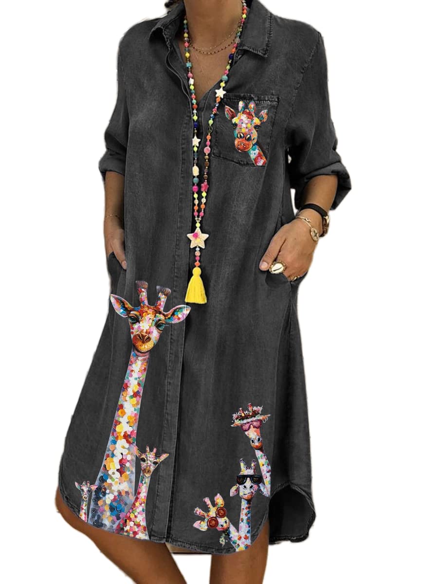 Akivide Women's Casual Loose Fit Long Sleeve Denim Shirt Dress with Giraffe Print & Pockets - Lightweight Button Down Jean Dress for Everyday Wear, Street Style & Spring Outfits