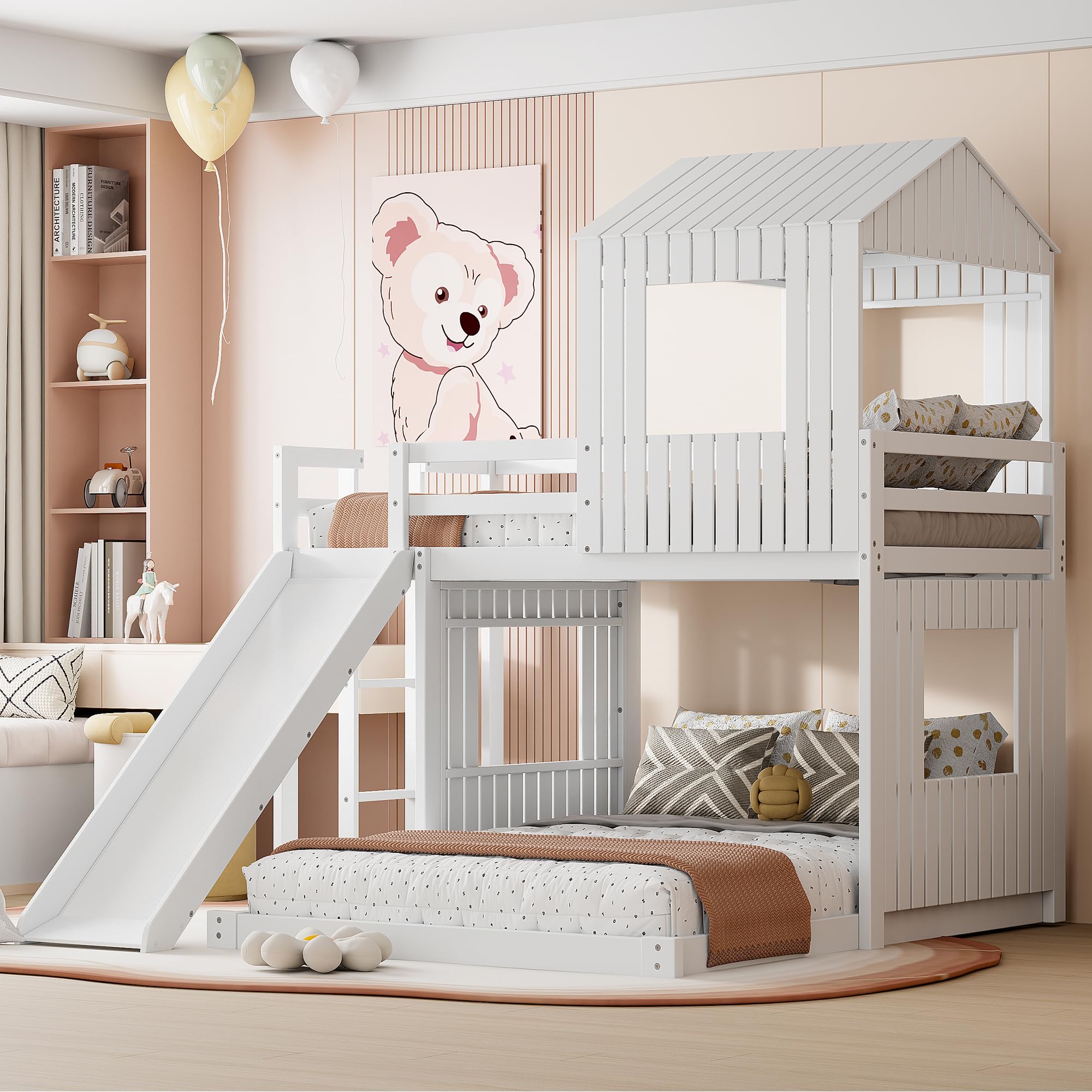 MERITLINE Twin Over Full Bunk Bed with Slide & Playhouse Design - Wooden Kids Bunk Bed with Roof, Windows & Ladder - Safe & Fun Bunk Beds for Boys & Girls in White | Perfect for Kids' Bedrooms, Playrooms & Sleepovers