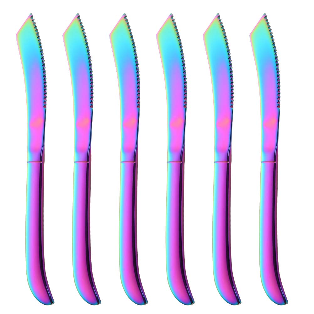 6-Piece Rainbow Steak Knife Set - Premium Serrated Stainless Steel Kitchen Knives for Steak, Dishwasher Safe Flatware Utensils - Perfect for BBQ, Dinner Parties & Restaurant Use