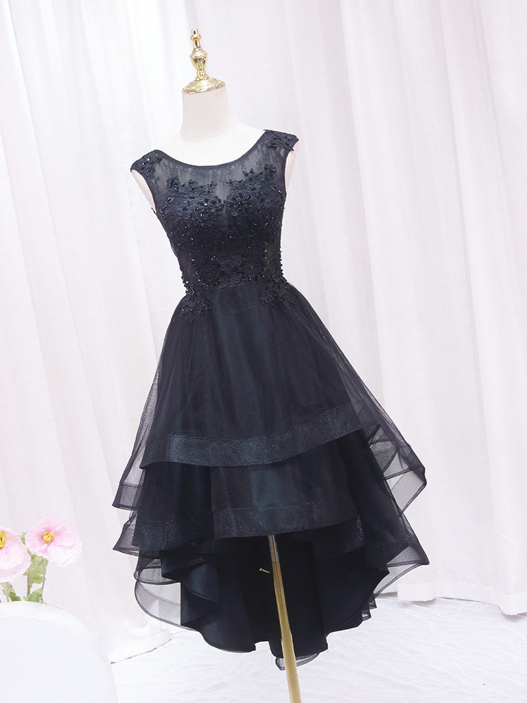 Elegant A-Line Lace Tulle Black Short Prom Dress | High-Low Hem Homecoming Dress for Teens | Perfect for School Dances, Parties & Special Occasions