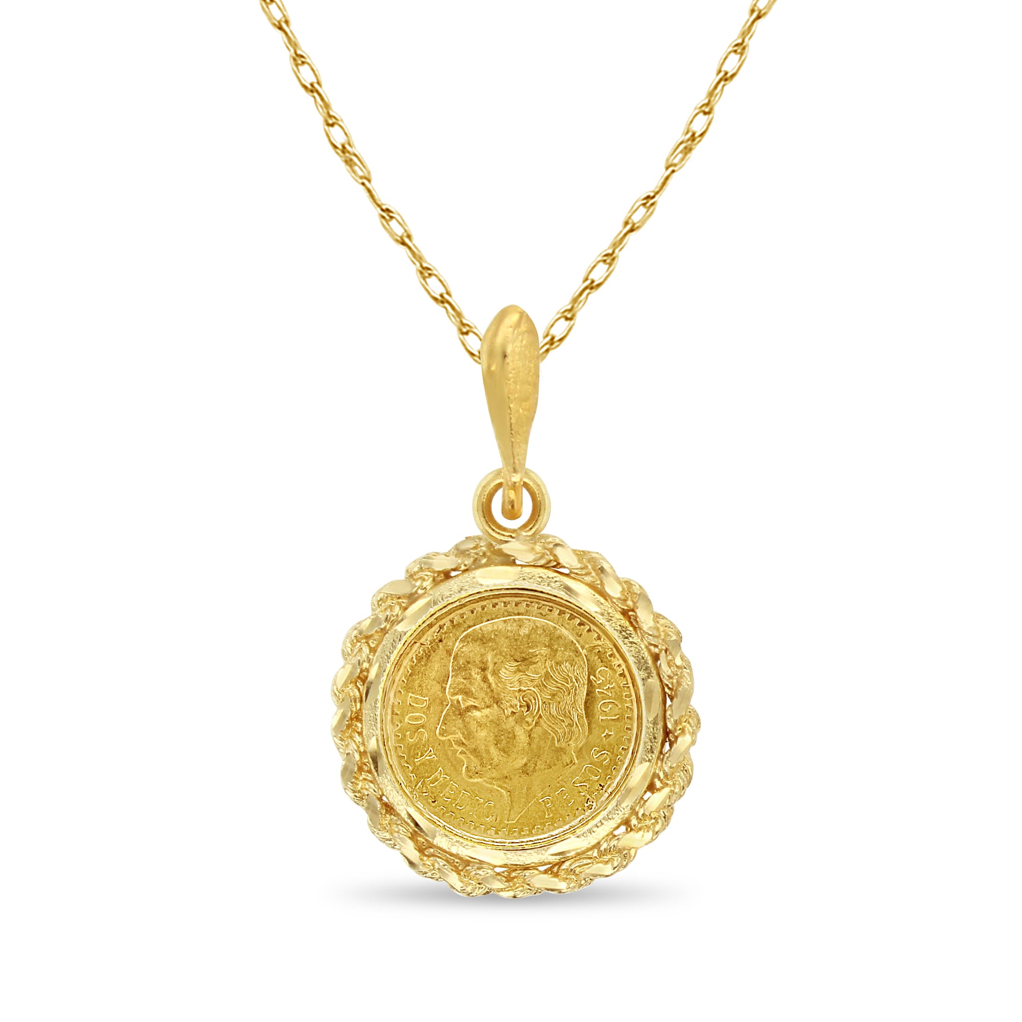 14K Yellow Gold Rope & Diamond Cut Necklace - Vintage Mexican 2.5 Pesos Coin Pendant Jewelry for Women, Perfect for Gifts, Parties & Special Occasions