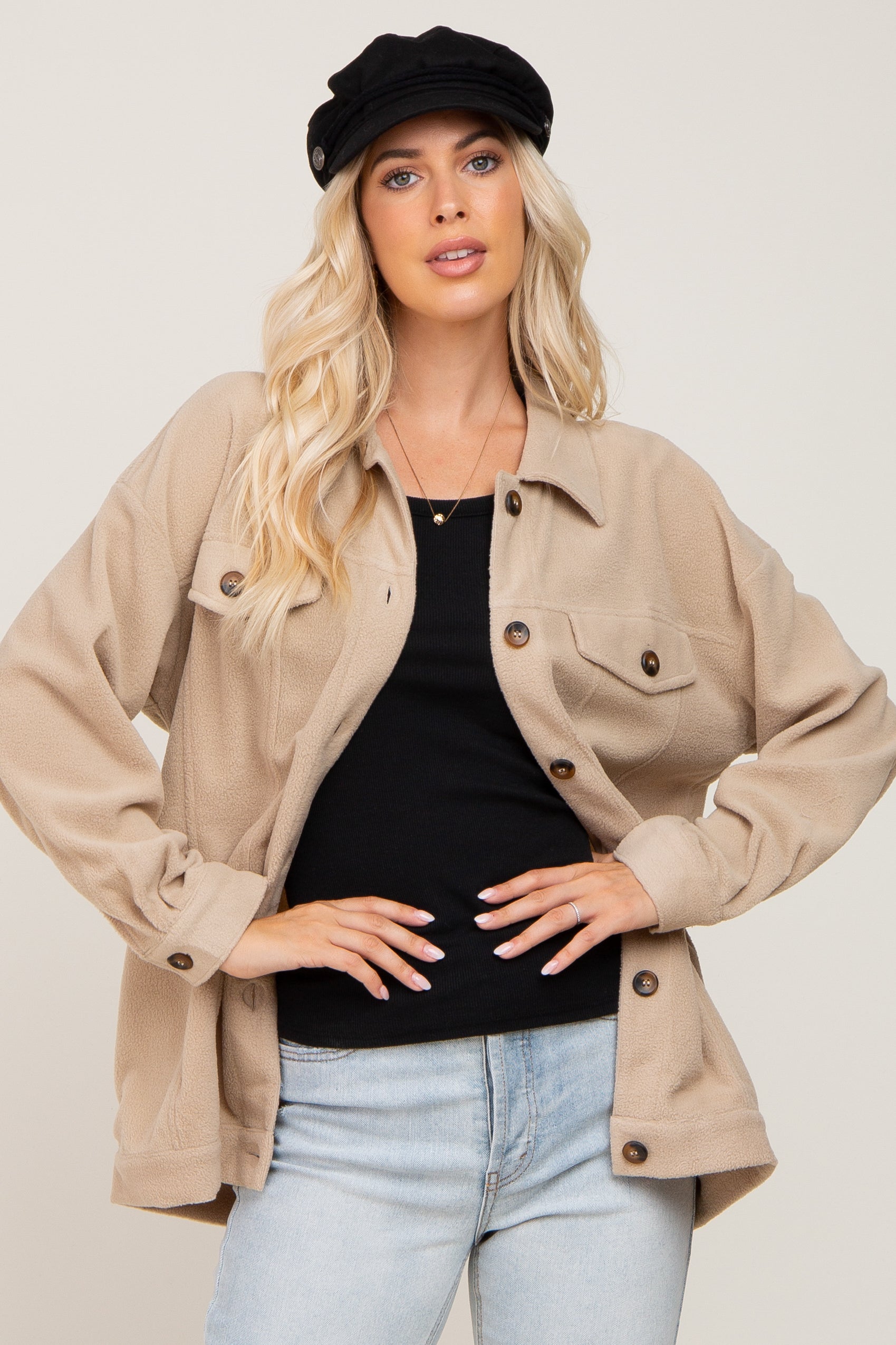 Cozy Beige Fleece Shirt Jacket for Women & Men - Soft Warm Pullover with Pockets - Perfect for Fall, Winter & Outdoor Activities