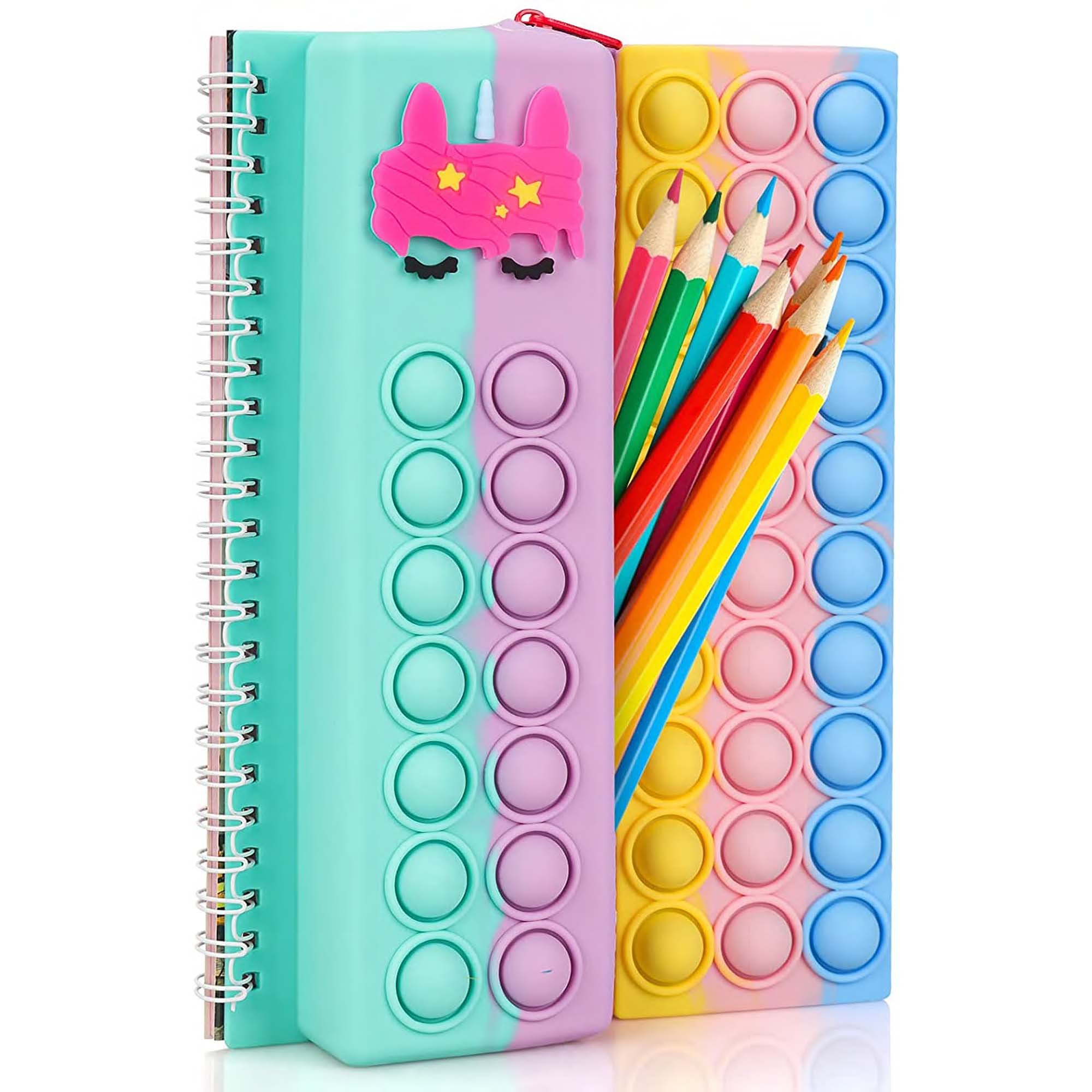 Unicorn Spiral Notebook with Pop It Fidget Toy & Bubble Pencil Case - 2 in 1 Sensory Stationery Set for Girls, Kids Stress Relief Gift, Back to School Supplies, ADHD Anxiety Relief Tool (Pink) - Perfect for Classroom, Study, Office & Travel Use