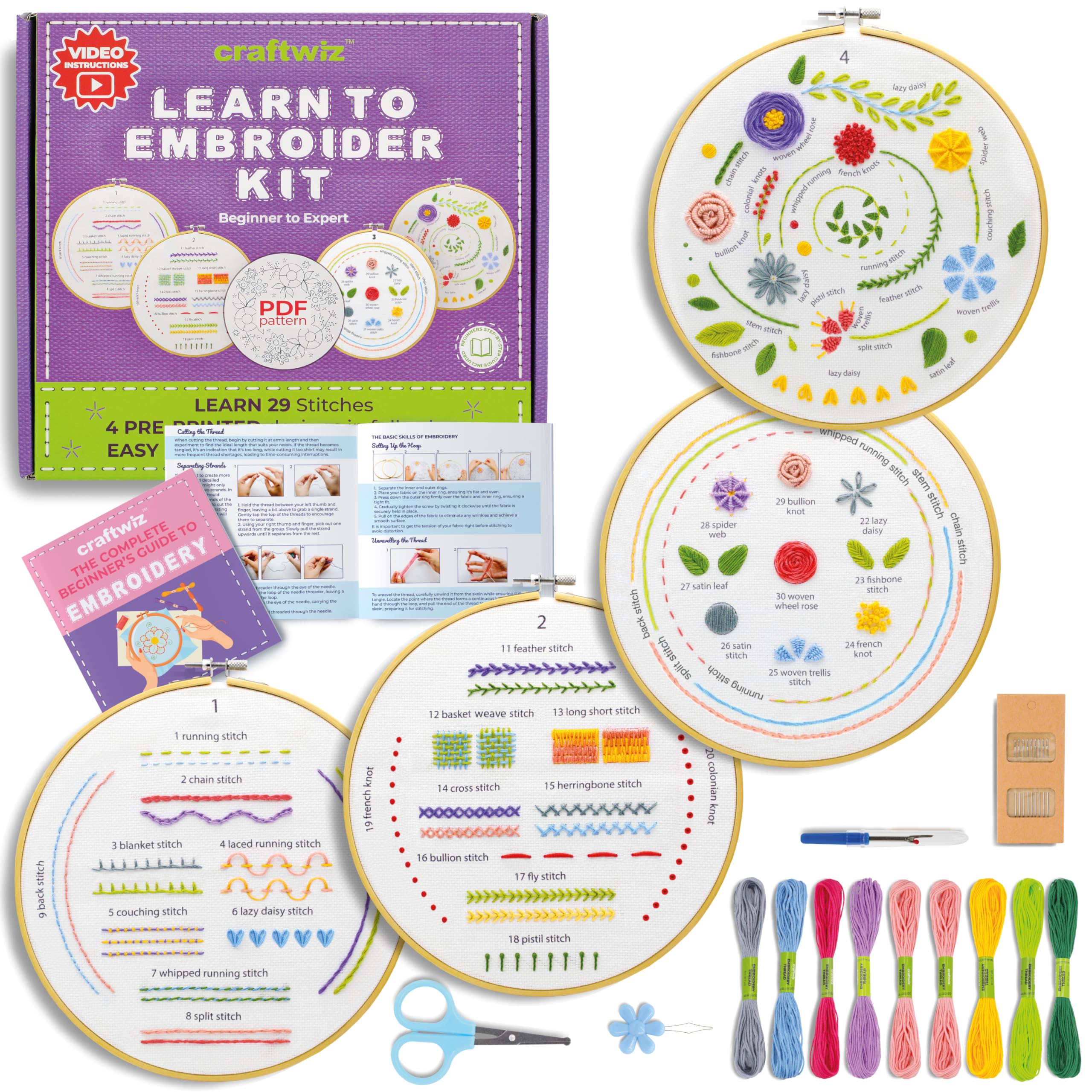 Craftwiz 4-Piece Beginner Embroidery Kit with Simple Patterns - Learn 29 Hand Embroidery Stitches for Teens & Adults - Perfect for DIY Crafts, Home Decor & Gift Making