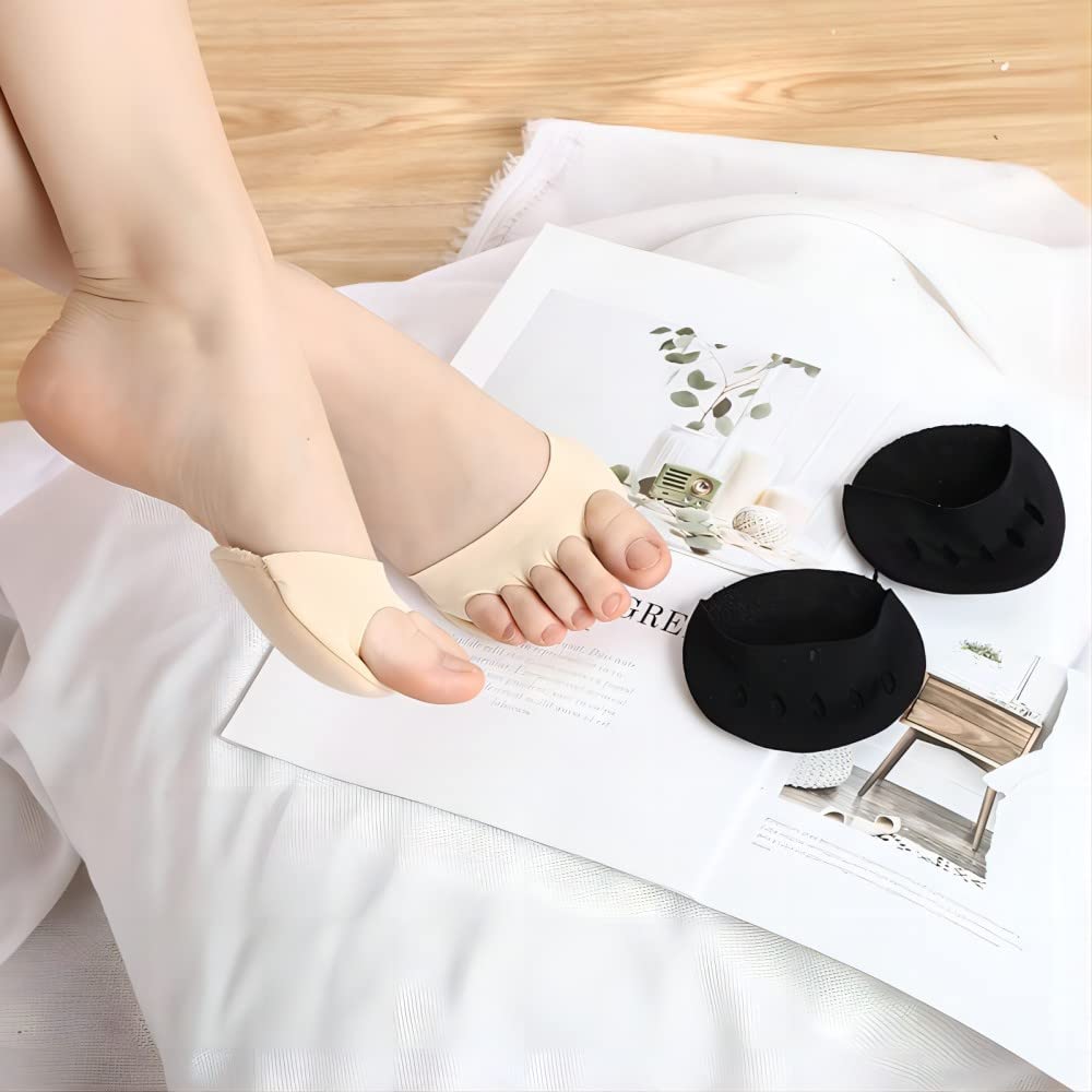 Fapiwen Forefoot Cushion Pads - Metatarsal Support Invisible Socks for Women & Men - Non-Slip Toe Socks with Reusable Gel Pads - Perfect for Sandals, High Heels & Ballet Flats (2 Pairs - Nude & Black) | Comfort for Long Wear, Dance & Fashion Shoes