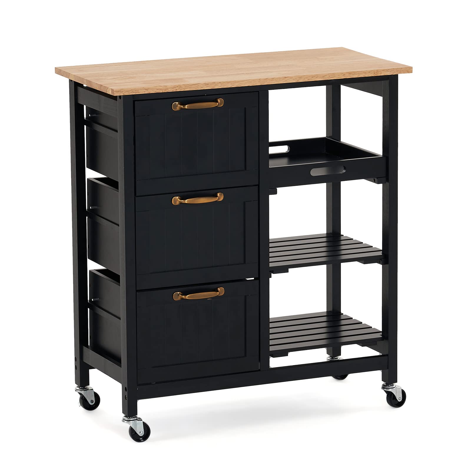 VINGLI Kitchen Island Cart with 3 Drawers, 2 Tier Holders & Removable Tray - Black Rolling Storage Cabinet with Solid Wood Top for Small Kitchen, Microwave Trolley, Home Serving Bar Cart | Perfect for Kitchen Organization, Entertaining & Space-Saving Storage