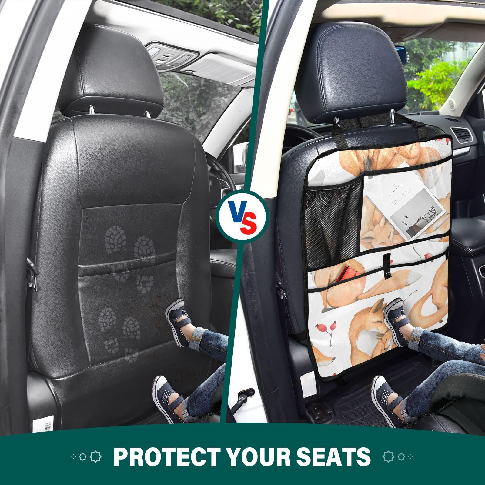 **Aflyko Cute Fox & Red Leaf Car Seat Back Organizer with Pockets - Kick Mat & Backseat Protector for Travel, 1 Pack - Perfect for Road Trips & Family Car Rides**