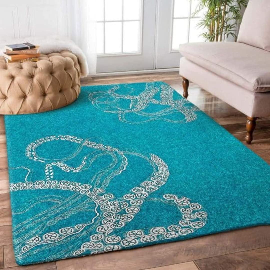 White Octopus Blue Area Rug - Non-Slip Backing Indoor/Outdoor Rug - Easy Clean Ocean Themed Floor Mat for Living Room, Bedroom, Patio, Picnic - Perfect Teen Boys Room Decor & Coastal Home Decor