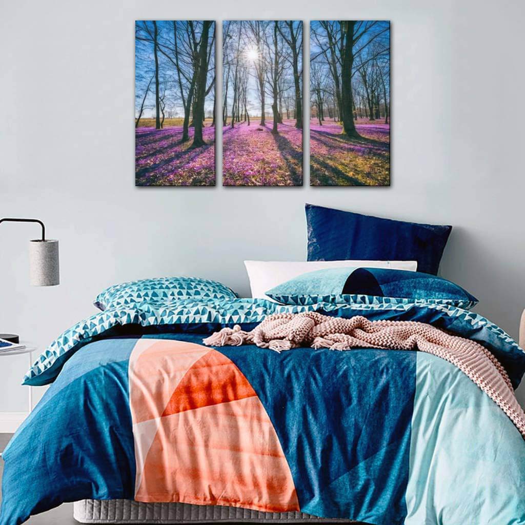 Sunny Flowering Forest with Wild Violet Crocus & Saffron Flowers Canvas Wall Art - 3 Panel Painting for Living Room & Bedroom Decor - Nature Inspired Home Wall Art - Perfect for Cozy Spaces & Modern Interiors