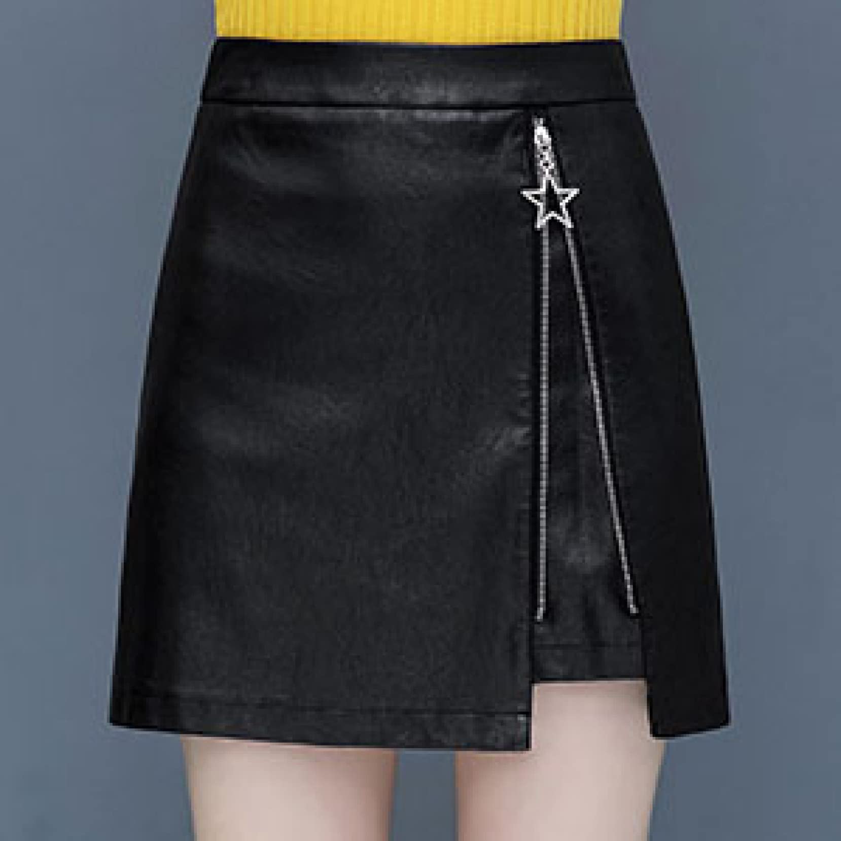 YURASIKU Women's Elegant Faux Leather High Waist Mini Flared Skirt with Adjustable Slit & Zipper - A-Line Tight Pencil Skirt in Black for Office, Party & Night Out