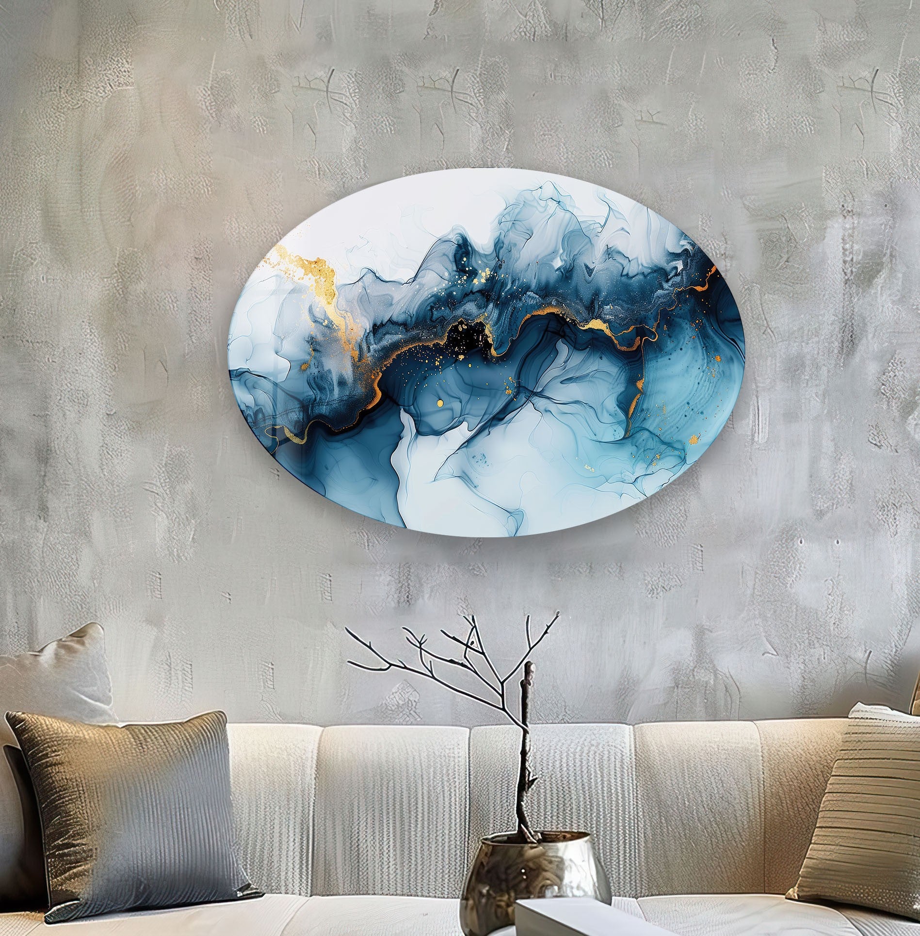 Asymmetric Oval Navy Blue Glass Wall Art - Modern Abstract Home Decor for Living Room, Bedroom, Office - Handmade Glass Wall Hanging for Unique Interior Design