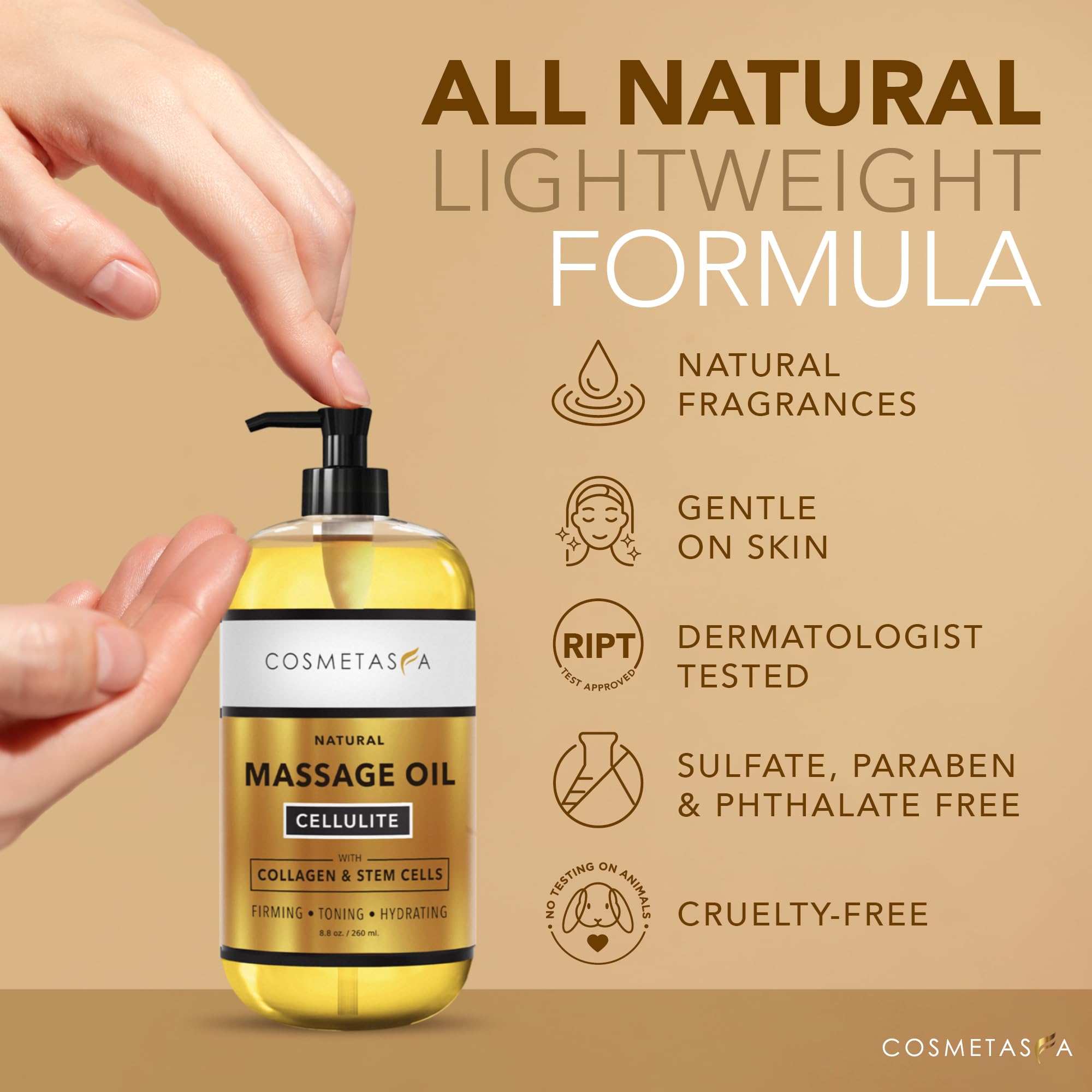Premium Anti-Cellulite Massage Oil with Collagen & Stem Cells - 100% Natural Firming & Tightening Treatment for Legs, Thighs & Buttocks - Deeply Penetrating Skin Moisturizer for Women - Perfect for Post-Workout Recovery & Spa Days (16.9 fl oz)