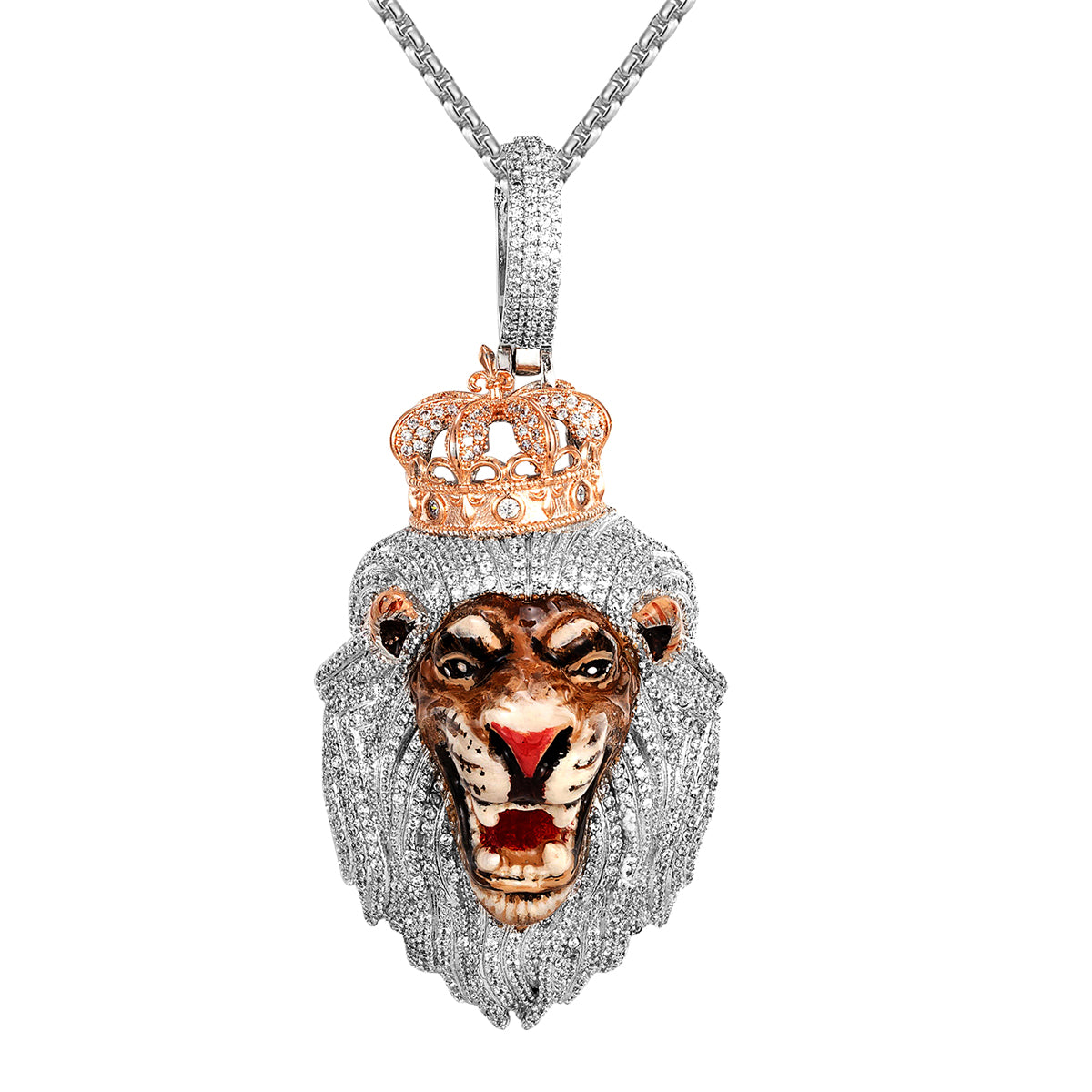 Roaring Lion 3D Crown Two-Tone White Gold Icy Men's Pendant Necklace - Bold Hip Hop Jewelry for Men, Perfect Gift for Birthday, Anniversary & Special Occasions