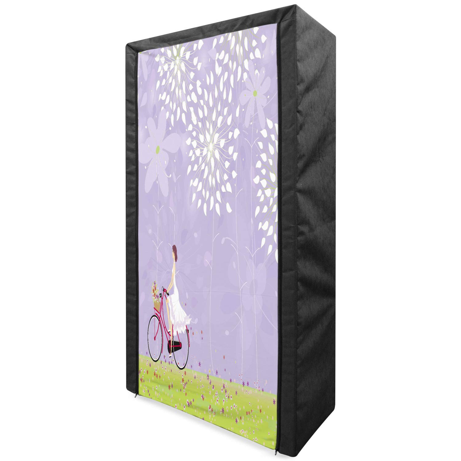 Ambesonne Cartoon Fabric Wardrobe - Portable Clothing Organizer with Shelves, 33.5 Inch Storage Closet in Apple Green & Lavender | Girl Riding Bike in Windy Garden Art Design | Perfect for Kids' Room, Dorm, or Small Space Organization