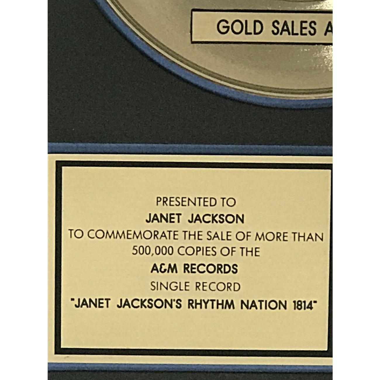 Janet Jackson Rhythm Nation RIAA Gold Single Award - Rare Collectible Music Memorabilia for Fans & Collectors - Perfect for Display in Music Rooms, Theaters, and Fan Collections